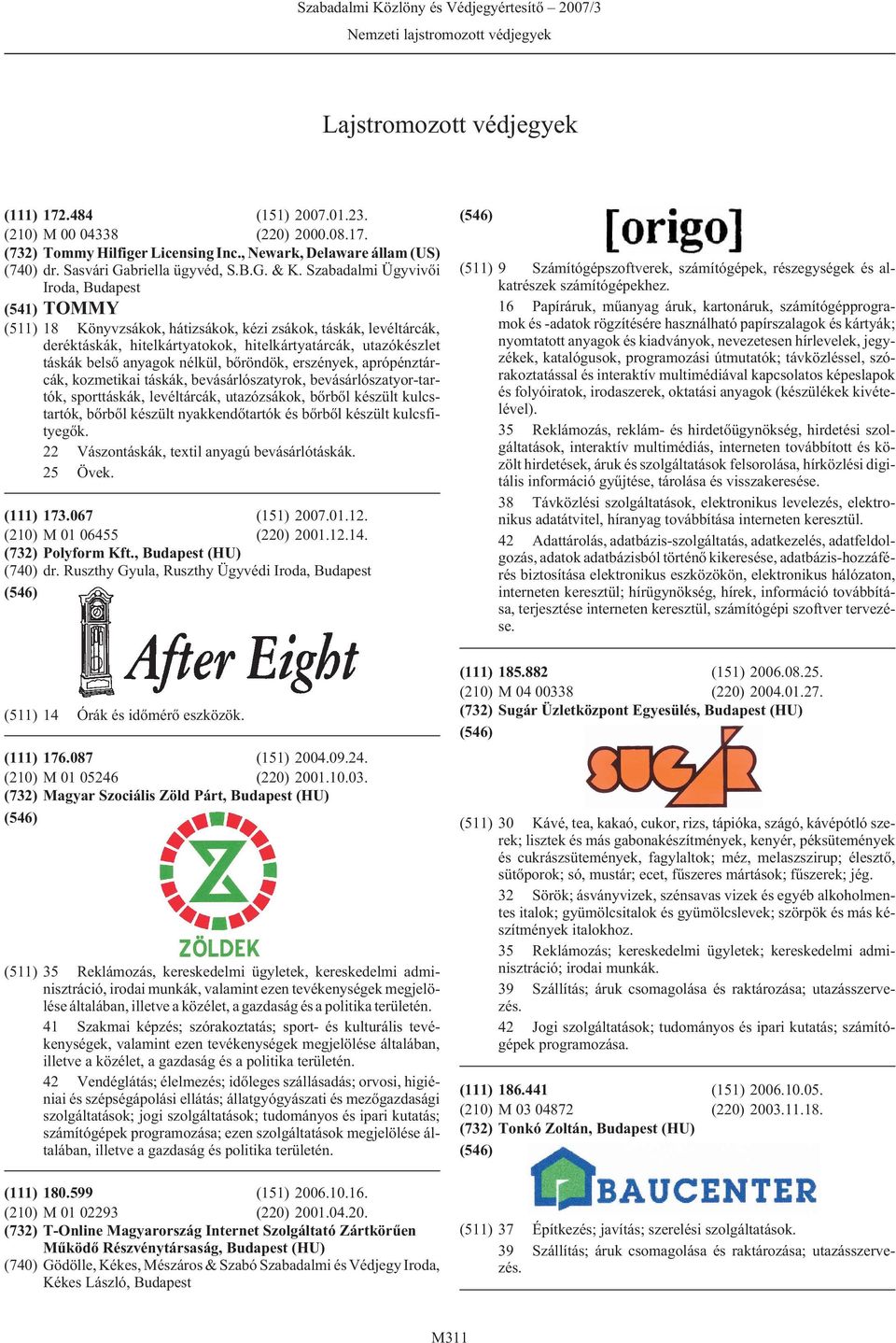 Szabadalmi Ügyvivõi Iroda, (541) TOMMY (511) 18 Könyvzsákok, hátizsákok, kézi zsákok, táskák, levéltárcák, deréktáskák, hitelkártyatokok, hitelkártyatárcák, utazókészlet táskák belsõ anyagok nélkül,