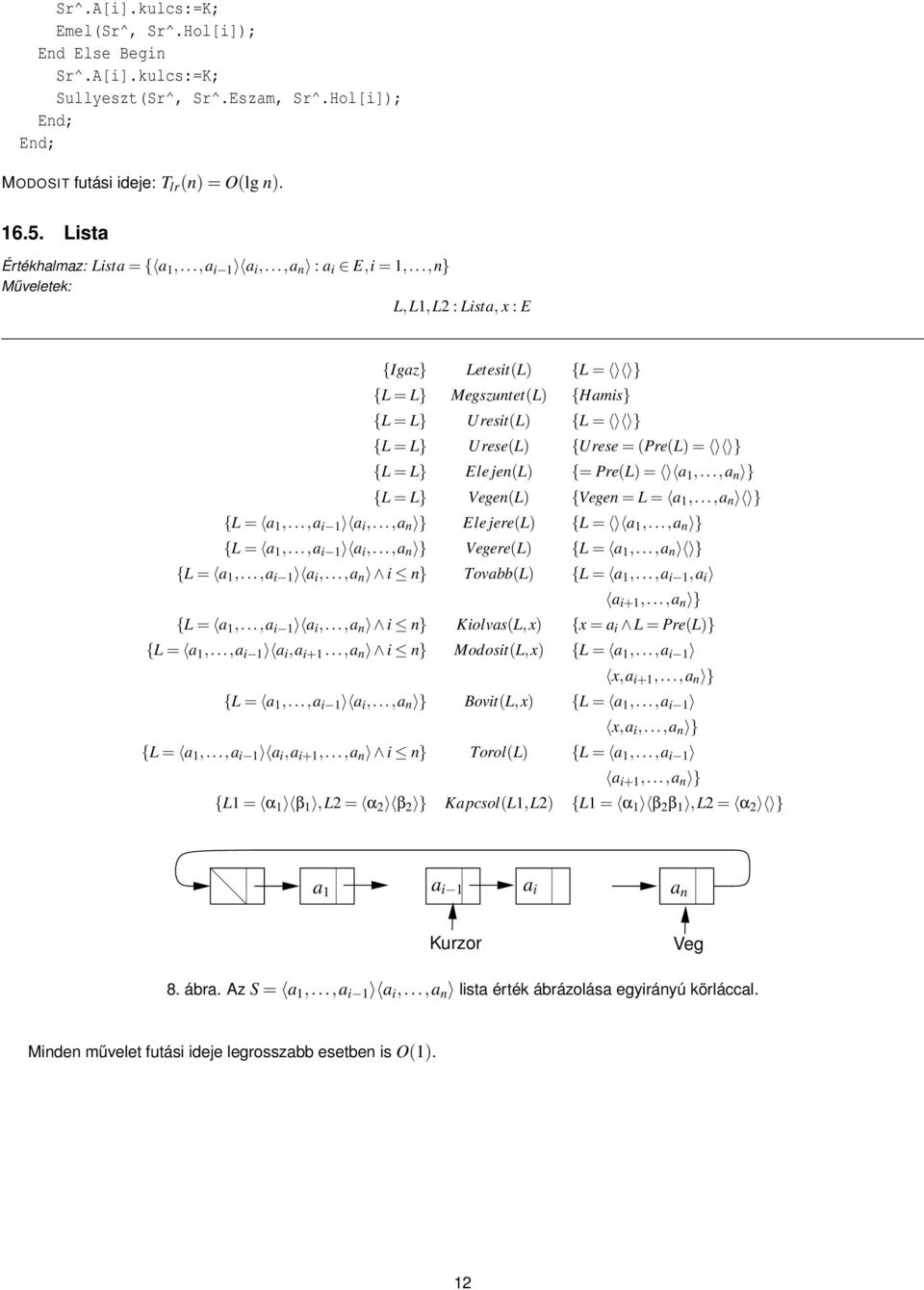 ..,n} Műveletek: L,L1,L2 : Lista, x : E {Igaz} Letesit(L) {L = } {L = L} Megszuntet(L) {Hamis} {L = L} Uresit(L) {L = } {L = L} Urese(L) {Urese = (Pre(L) = } {L = L} Ele jen(l) {= Pre(L) = a 1,.