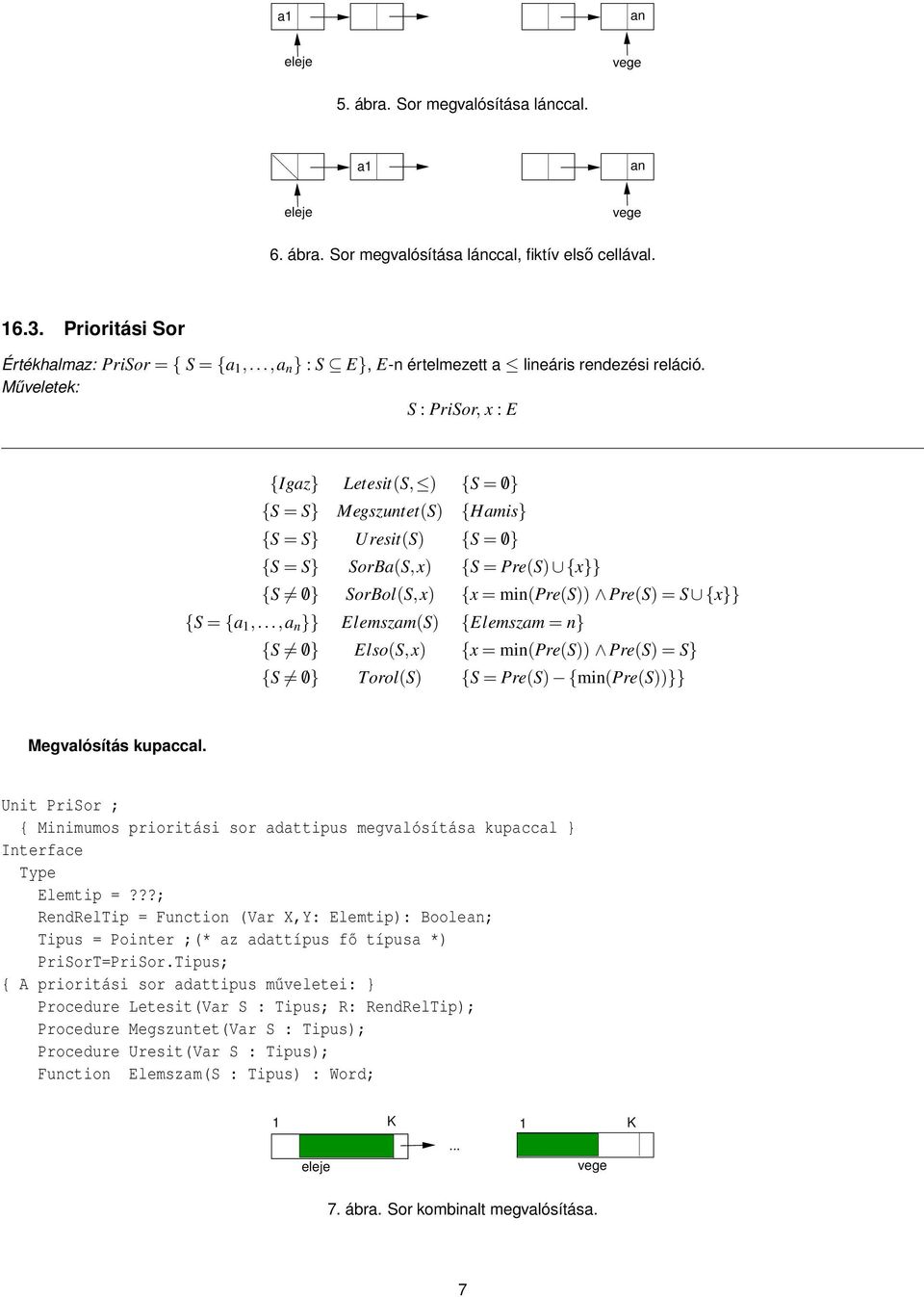 Műveletek: S : PriSor, x : E {Igaz} Letesit(S, ) {S = /0} {S = S} Megszuntet(S) {Hamis} {S = S} Uresit(S) {S = /0} {S = S} SorBa(S,x) {S = Pre(S) {x}} {S /0} SorBol(S,x) {x = min(pre(s)) Pre(S) = S