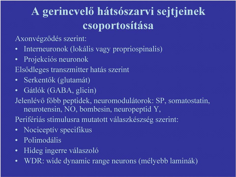 peptidek, neuromodulátorok: SP, somatostatin, neurotensin, NO, bombesin, neuropeptid Y, Perifériás stimulusra mutatott