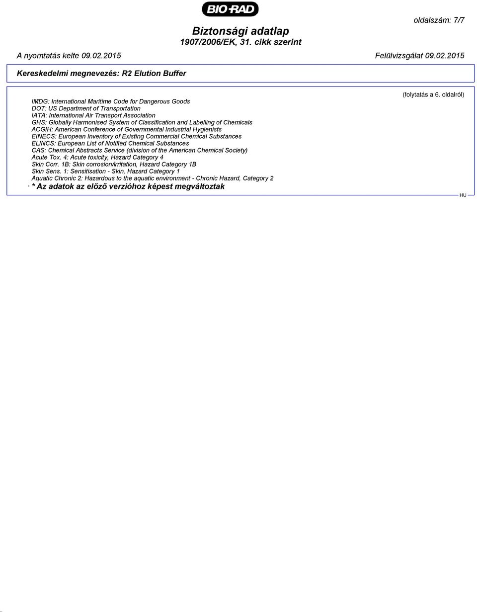 Substances ELINCS: European List of Notified Chemical Substances CAS: Chemical Abstracts Service (division of the American Chemical Society) Acute Tox. 4: Acute toxicity, Hazard Category 4 Skin Corr.