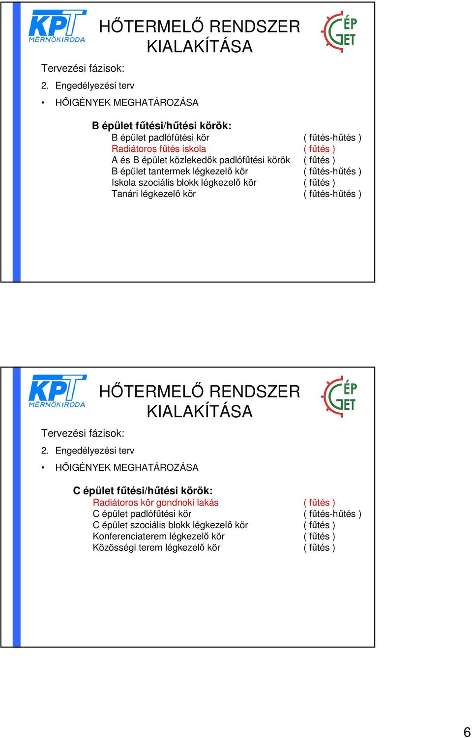 légkezelő kör ( fűtés-hűtés ) HŐIGÉNYEK MEGHATÁROZÁSA C épület fűtési/hűtési körök: Radiátoros kör gondnoki lakás ( fűtés ) C épület padlófűtési