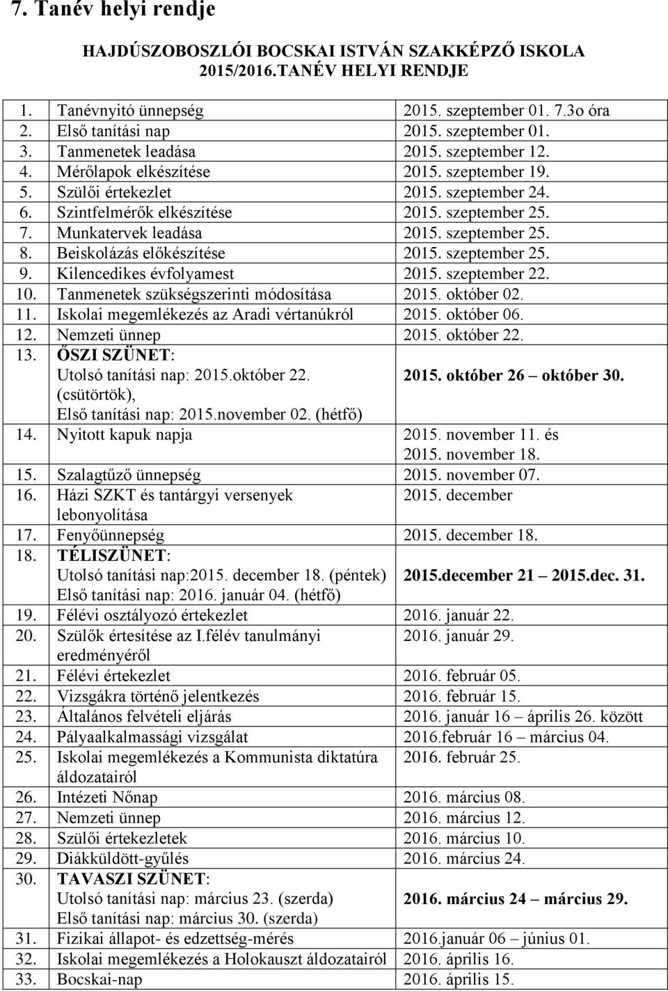 Munkatervek leadása 2015. szeptember 25. 8. Beiskolázás előkészítése 2015. szeptember 25. 9. Kilencedikes évfolyamest 2015. szeptember 22. 10. Tanmenetek szükségszerinti módosítása 2015. október 02.