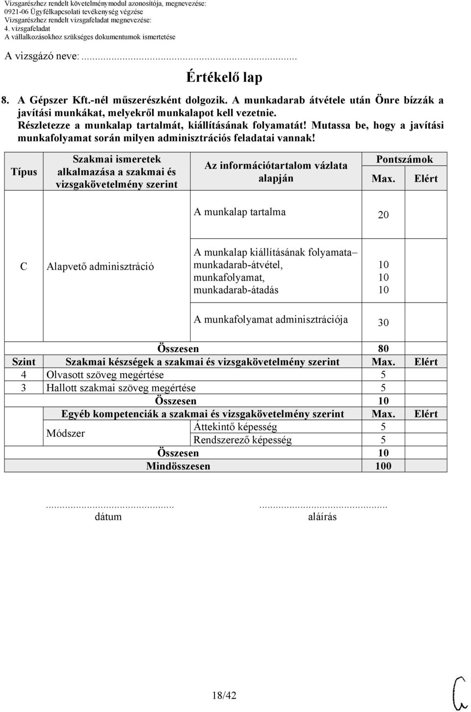 Típus Szakmai ismeretek alkalmazása a szakmai és vizsgakövetelmény szerint Az információtartalom vázlata alapján Pontszámok Max.