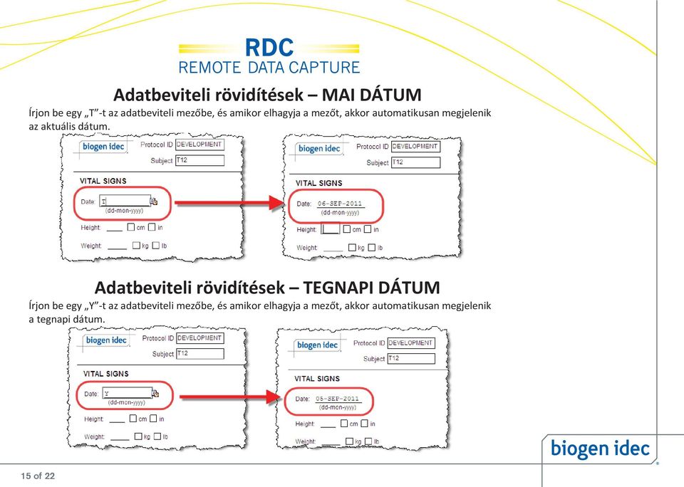 Adatbeviteli rövidítések TEGNAPI DÁTUM Írjon be egy Y -t az adatbeviteli