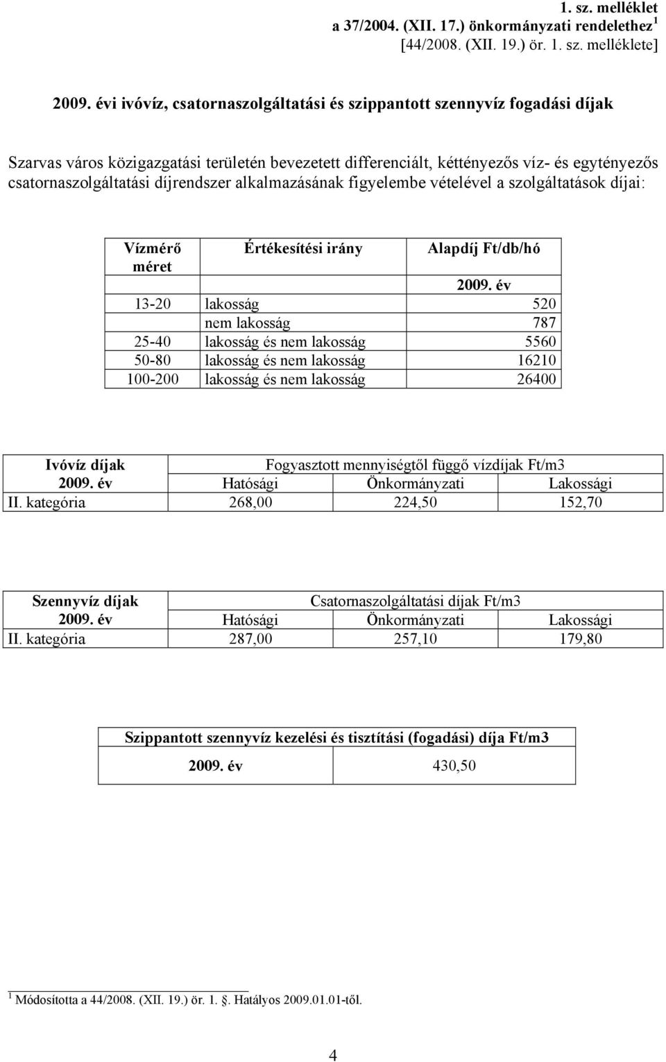 díjrendszer alkalmazásának figyelembe vételével a szolgáltatások díjai: Vízmérő méret Értékesítési irány Alapdíj Ft/db/hó 2009.