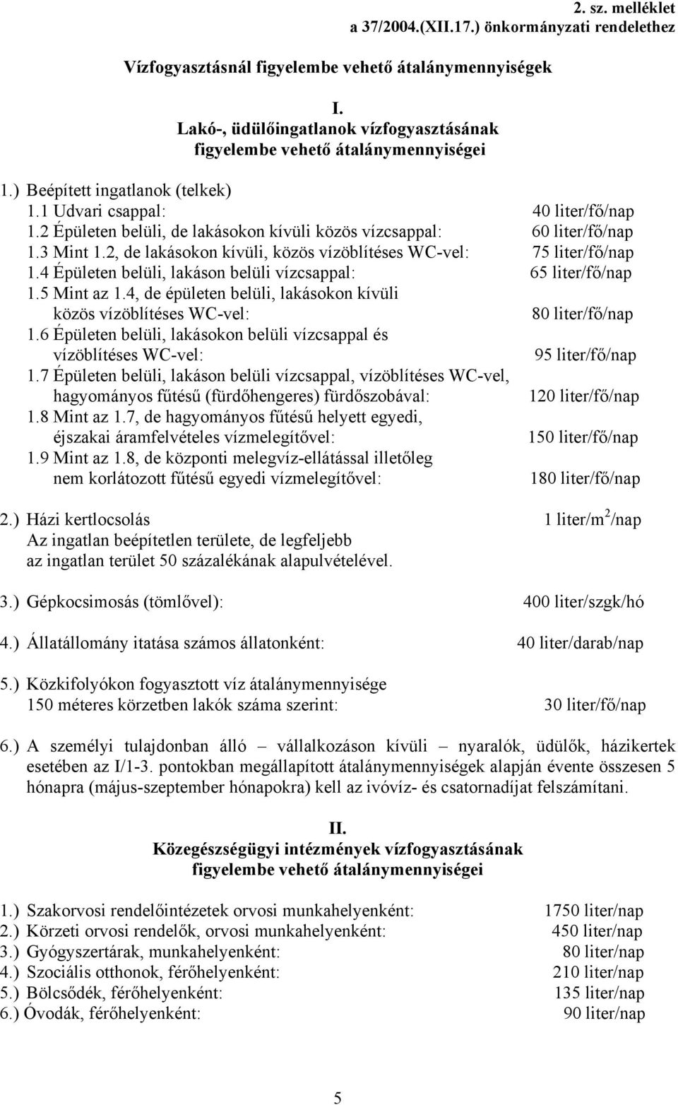 4 Épületen belüli, lakáson belüli vízcsappal: 65 liter/fő/nap 1.5 Mint az 1.4, de épületen belüli, lakásokon kívüli közös vízöblítéses WC-vel: 80 liter/fő/nap 1.