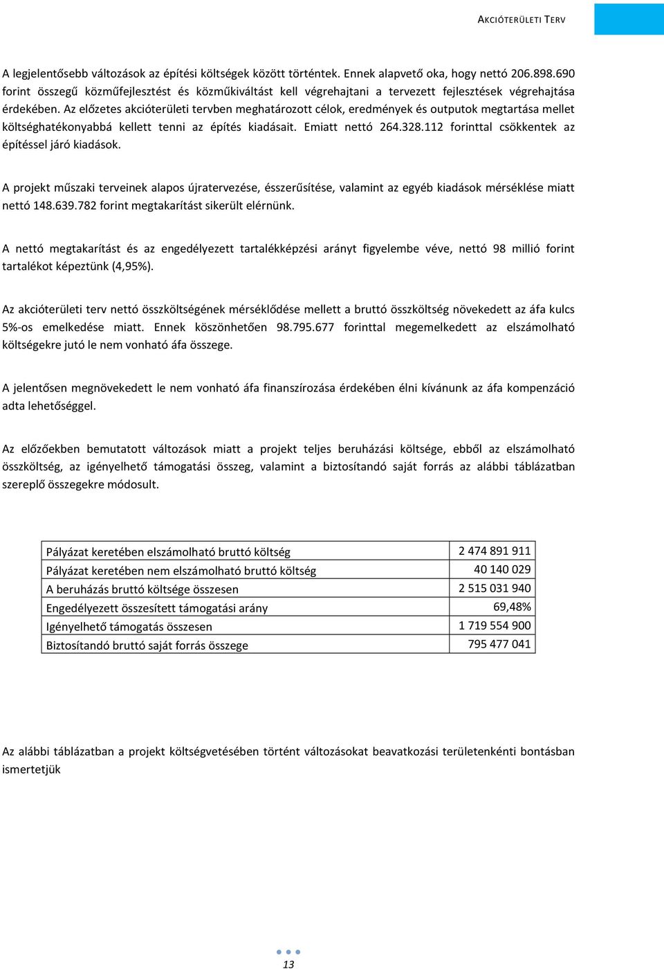 Az előzetes akcióterületi tervben meghatározott célok, eredmények és outputok megtartása mellet költséghatékonyabbá kellett tenni az építés kiadásait. Emiatt nettó 264.328.