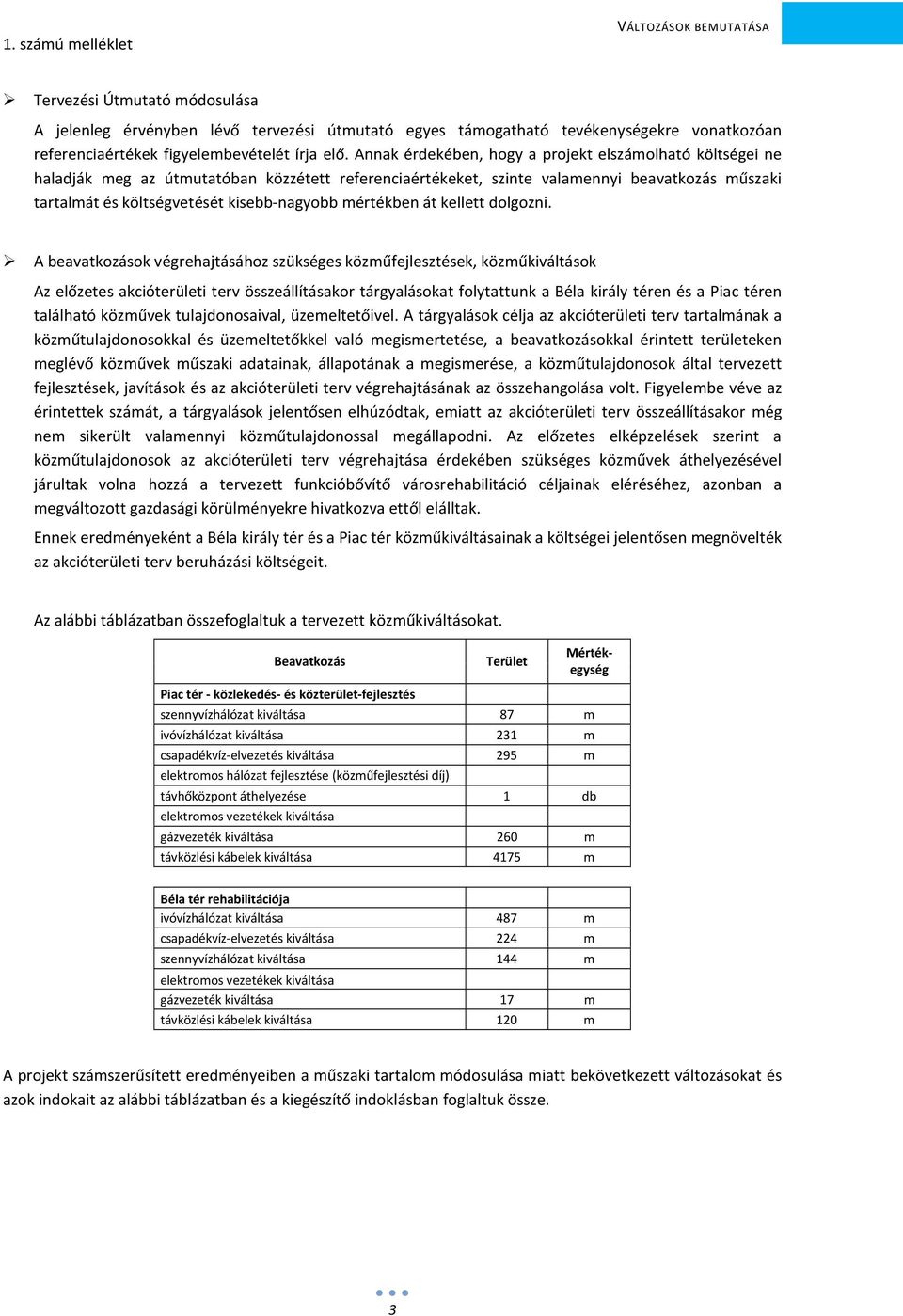Annak érdekében, hogy a projekt elszámolható költségei ne haladják meg az útmutatóban közzétett referenciaértékeket, szinte valamennyi beavatkozás műszaki tartalmát és költségvetését kisebb-nagyobb