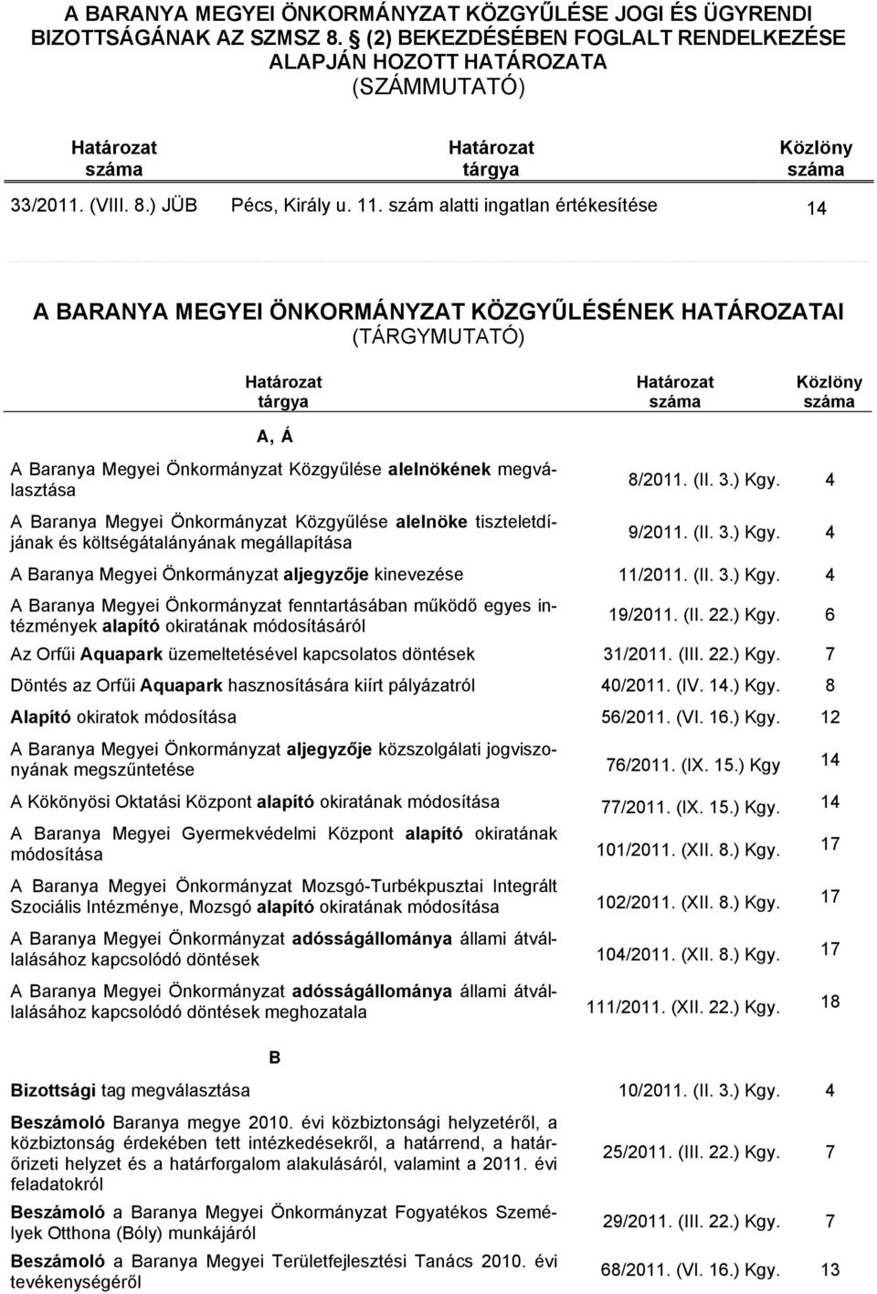 Önkormányzat Közgyűlése alelnöke tiszteletdíjának és költségátalányának megállapítása 8/2011. (II. 3.) Kgy.