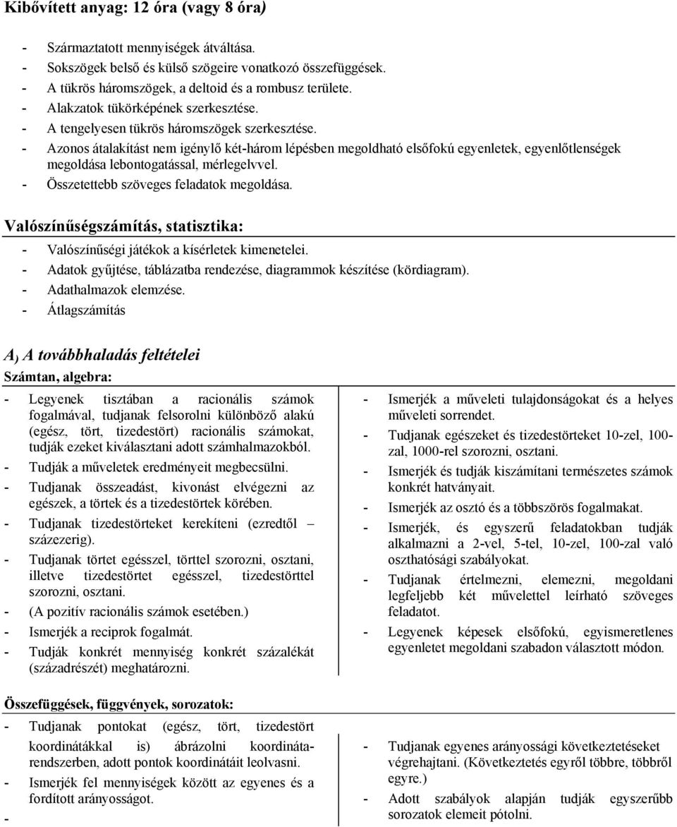 - Azonos átalakítást nem igénylő két-három lépésben megoldható elsőfokú egyenletek, egyenlőtlenségek megoldása lebontogatással, mérlegelvvel. - Összetettebb szöveges feladatok megoldása.