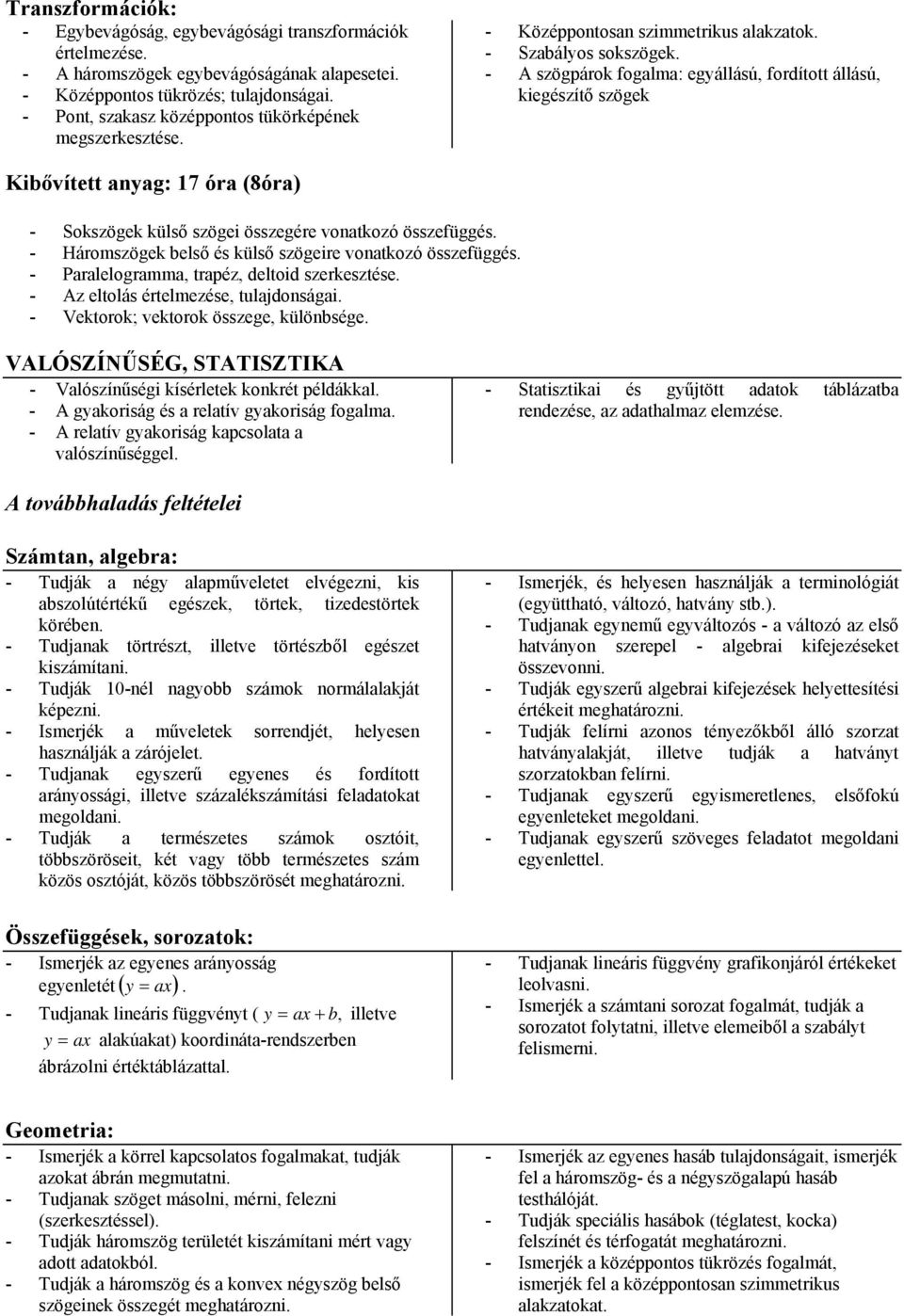 - A szögpárok fogalma: egyállású, fordított állású, kiegészítő szögek Kibővített anyag: 17 óra (8óra) - Sokszögek külső szögei összegére vonatkozó összefüggés.