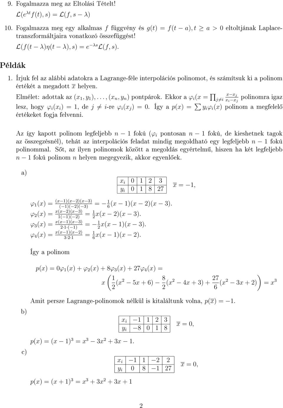 x x j x i x j Elmélet: adottak az (x, y ),..., (x n, y n ) pontpárok. Ekkor a ϕ i (x = j i lez, hogy ϕ i (x i ) =, de j i-re ϕ i (x j ) =.