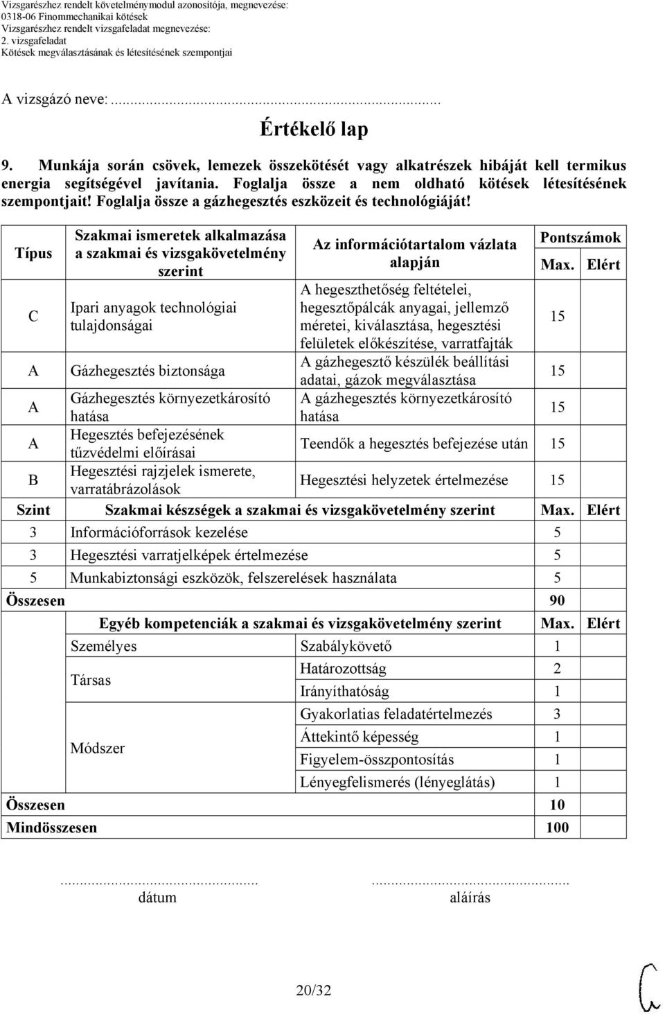 Típus C Szakmai ismeretek alkalmazása a szakmai és vizsgakövetelmény szerint Ipari anyagok technológiai tulajdonságai Az információtartalom vázlata alapján A hegeszthetőség feltételei, hegesztőpálcák