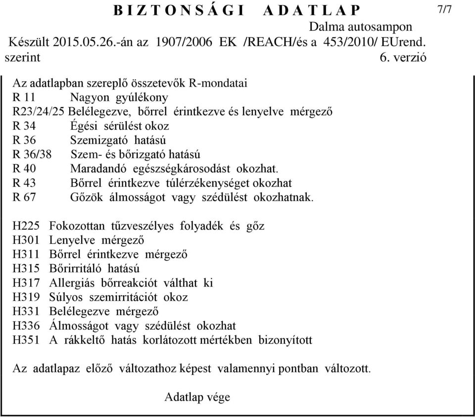 H225 Fokozottan tűzveszélyes folyadék és gőz H301 Lenyelve mérgező H311 Bőrrel érintkezve mérgező H315 Bőrirritáló hatású H317 Allergiás bőrreakciót válthat ki H319 Súlyos szemirritációt
