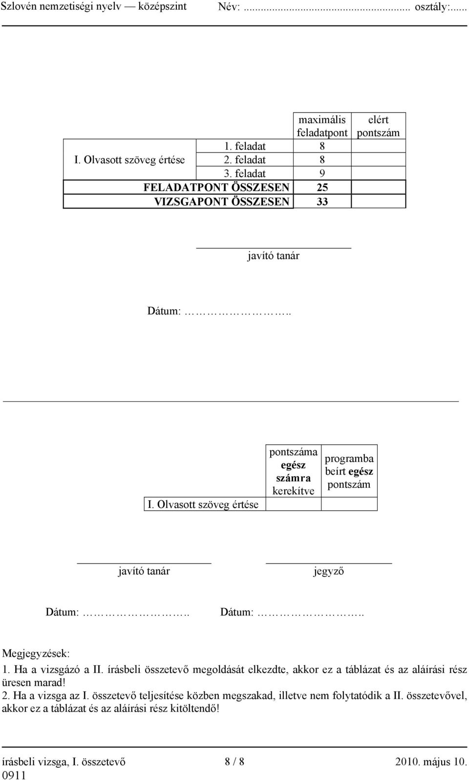 Olvasott szöveg értése pontszáma egész számra kerekítve programba beírt egész pontszám javító tanár jegyző Dátum:.. Dátum:.. Megjegyzések: 1.
