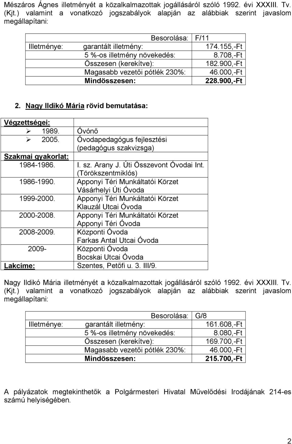 708,-Ft Összesen (kerekítve): 182.900,-Ft Magasabb vezetői pótlék 230%: 46.000,-Ft Mindösszesen: 228.900,-Ft 2. Nagy Ildikó Mária rövid bemutatása: Végzettségei: 1989. Óvónő 2005.