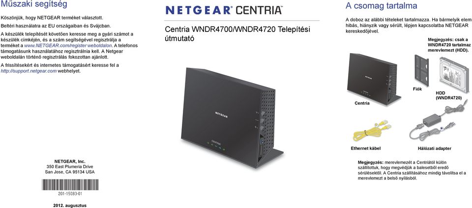 A telefonos támogatásunk használatához regisztrálnia kell. A Netgear weboldalán történő regisztrálás fokozottan ajánlott. A frissítésekért és internetes támogatásért keresse fel a http://support.