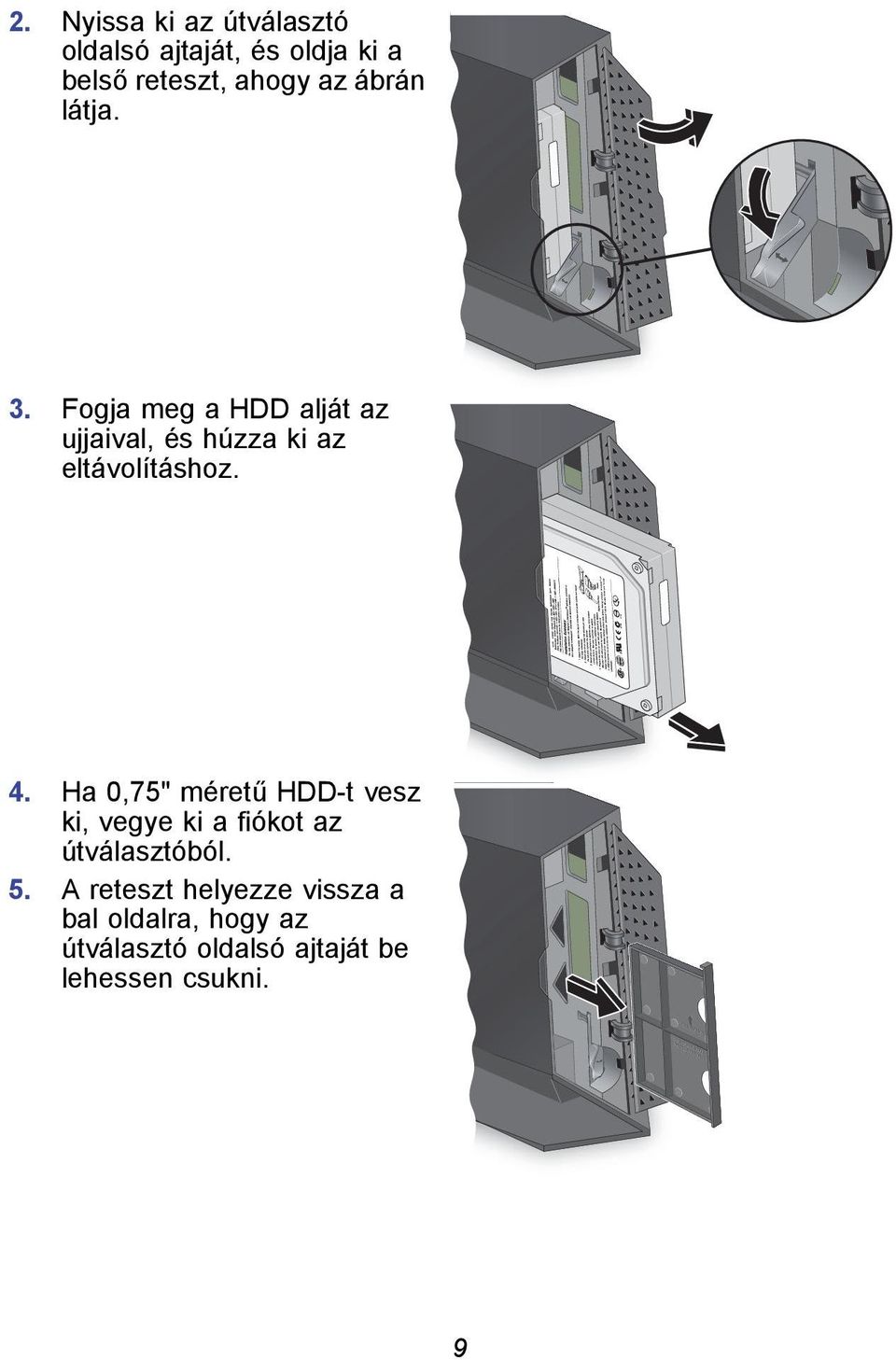 Ha 0,75" méretű HDD-t vesz ki, vegye ki a fiókot az útválasztóból. 5.