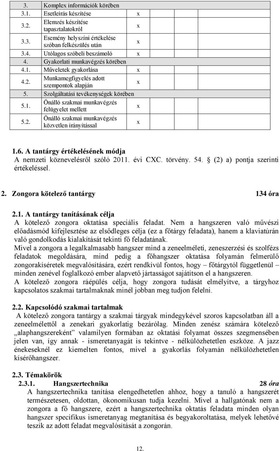 6. A tantárgy értékelésének módja A nemzeti köznevelésről szóló 2011. évi CXC. törvény. 54. (2) a) pontja szerinti értékeléssel. 2. Zongora kötelező tantárgy 134 óra 2.1. A tantárgy tanításának célja A kötelező zongora oktatása speciális feladat.