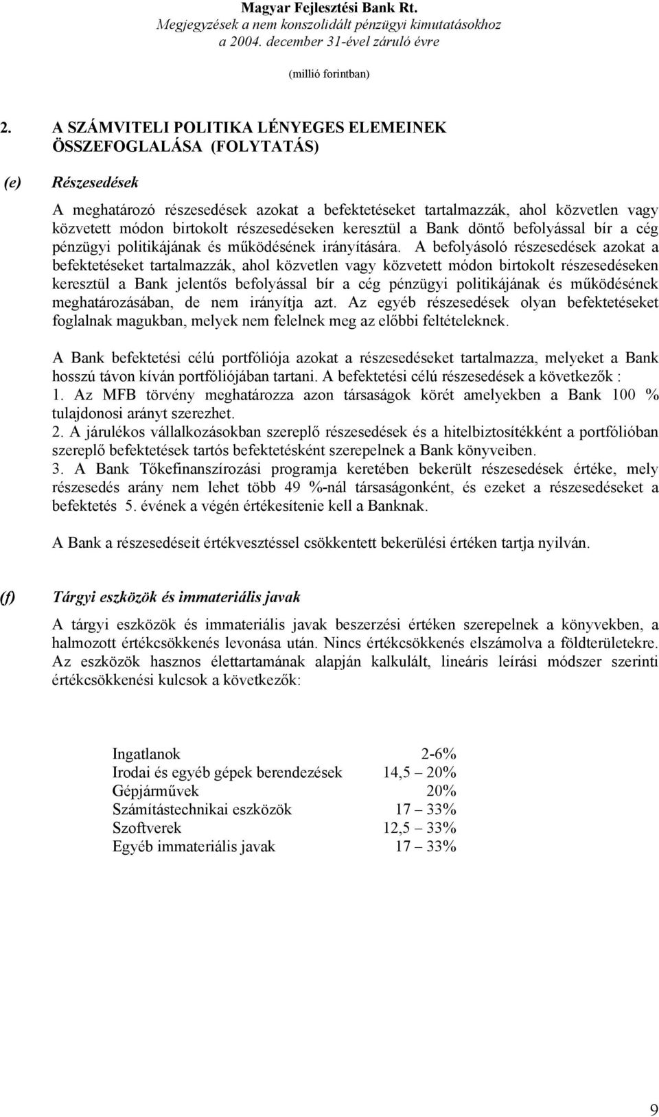 A befolyásoló részesedések azokat a befektetéseket tartalmazzák, ahol közvetlen vagy közvetett módon birtokolt részesedéseken keresztül a Bank jelentős befolyással bír a cég pénzügyi politikájának és