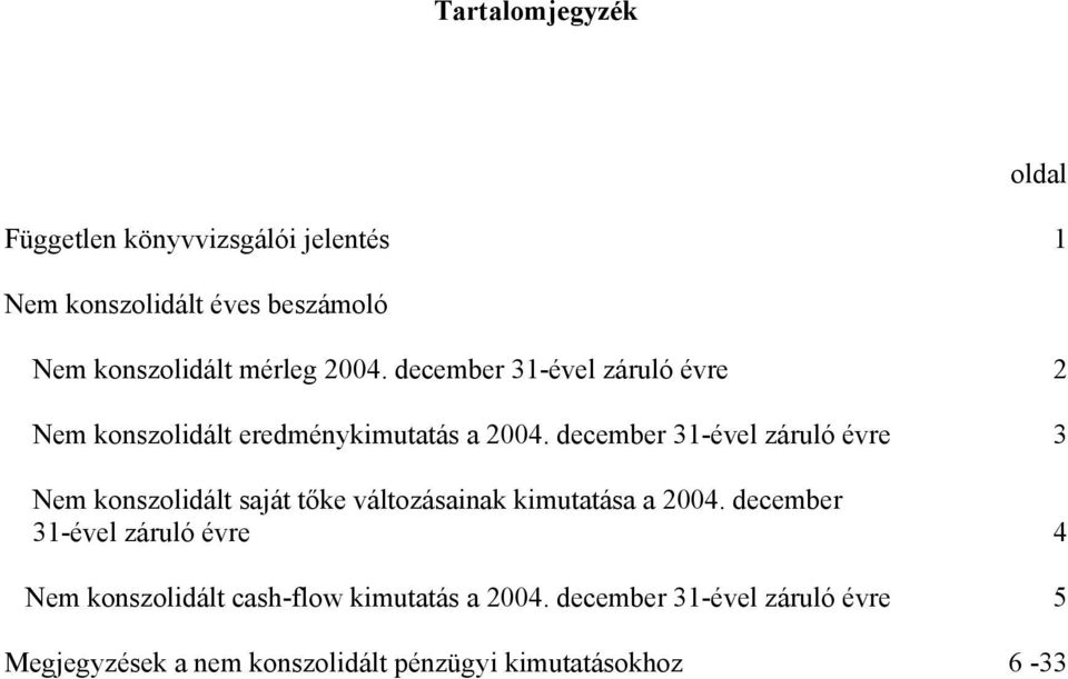 december 31-ével záruló évre 2 Nem konszolidált eredménykimutatás 3 Nem
