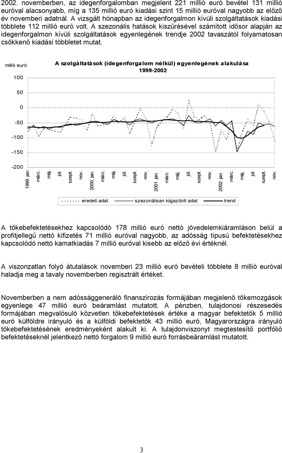 A szezonális hatások kiszűrésével számított idősor alapján az idegenforgalmon kívüli szolgáltatások egyenlegének trendje 22 tavaszától folyamatosan csökkenő kiadási többletet mutat.