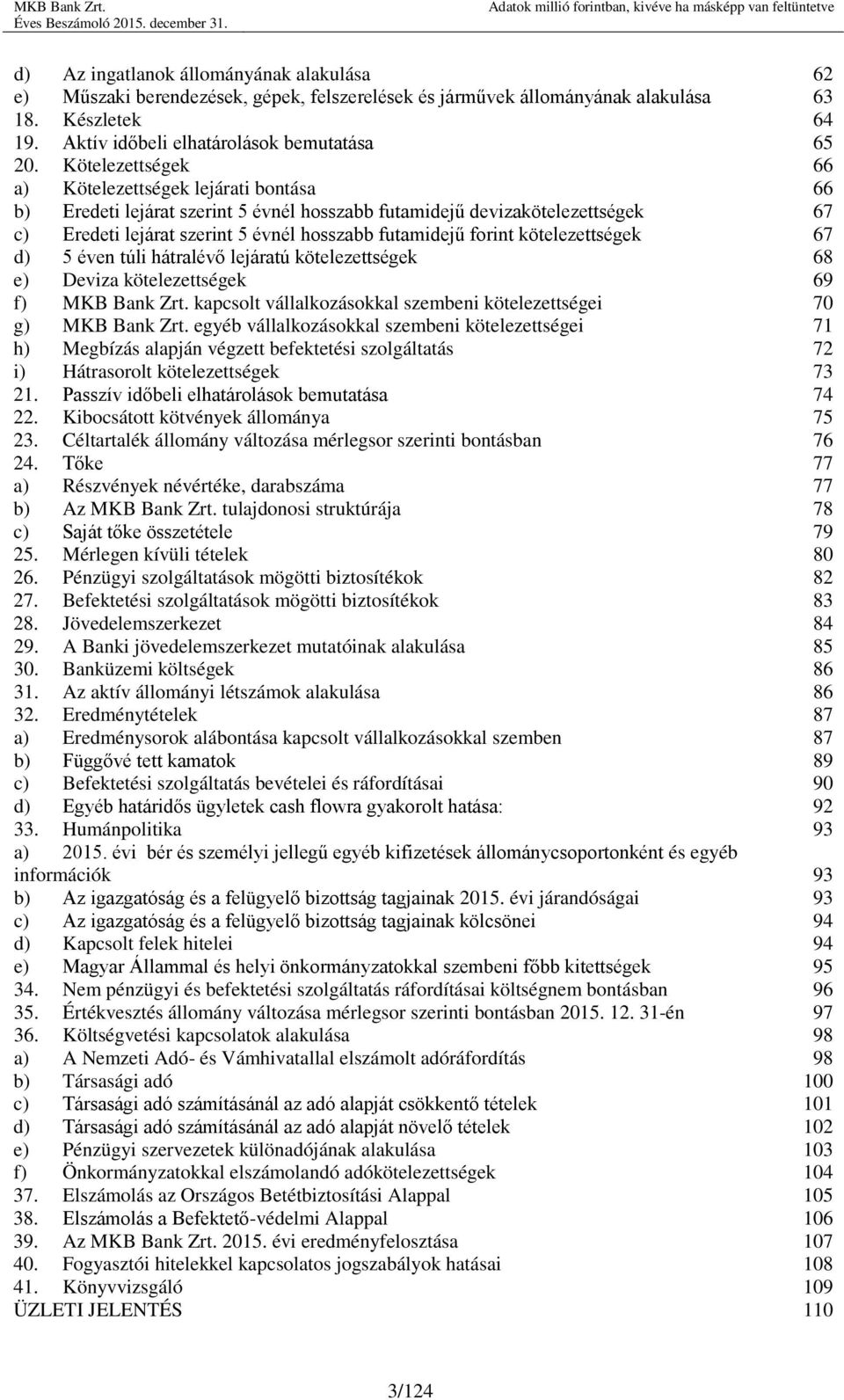 kötelezettségek 67 d) 5 éven túli hátralévő lejáratú kötelezettségek 68 e) Deviza kötelezettségek 69 f) MKB Bank Zrt. kapcsolt vállalkozásokkal szembeni kötelezettségei 70 g) MKB Bank Zrt.