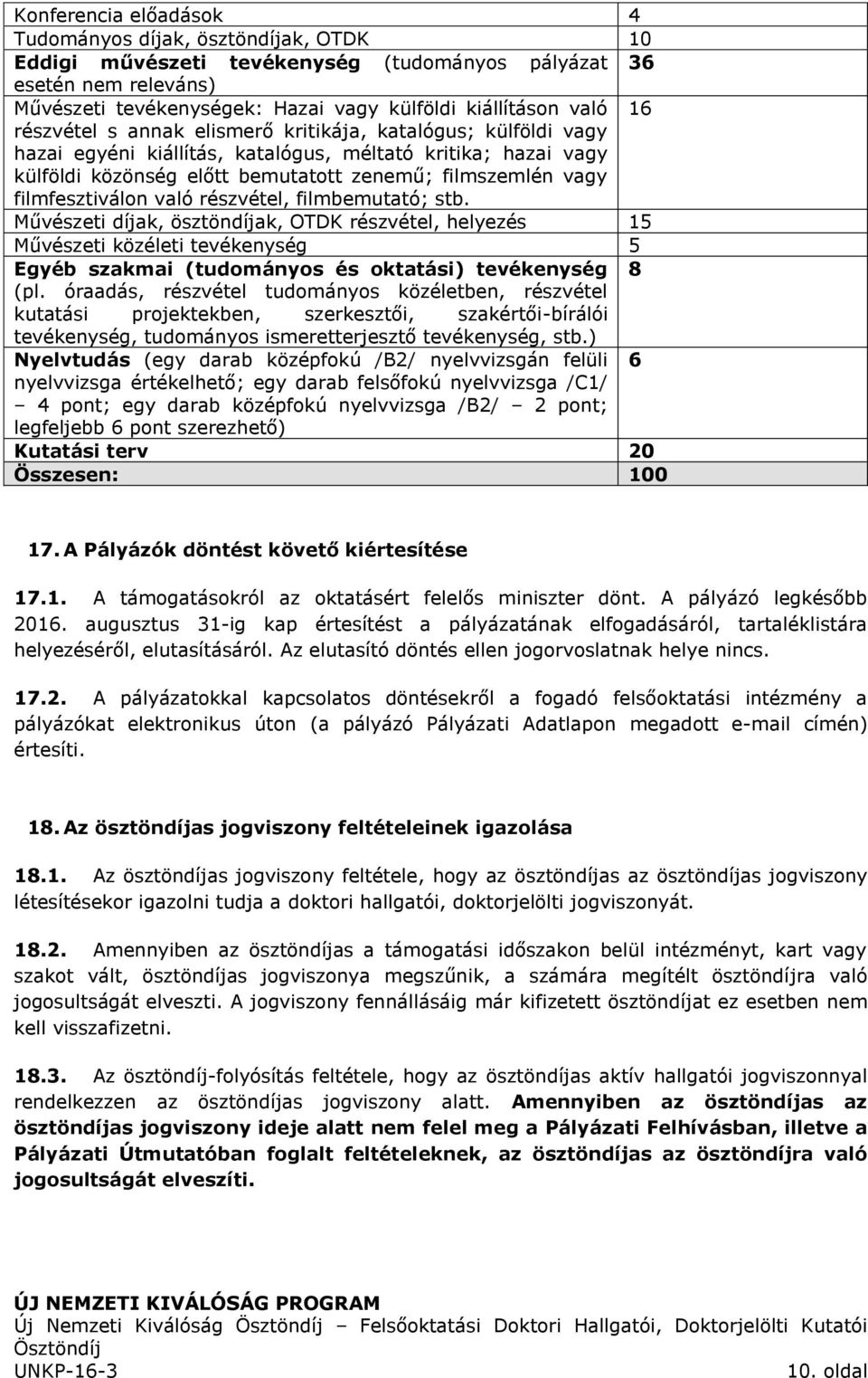 filmfesztiválon való részvétel, filmbemutató; stb. Művészeti díjak, ösztöndíjak, OTDK részvétel, helyezés 15 Művészeti közéleti tevékenység 5 Egyéb szakmai (tudományos és oktatási) tevékenység 8 (pl.