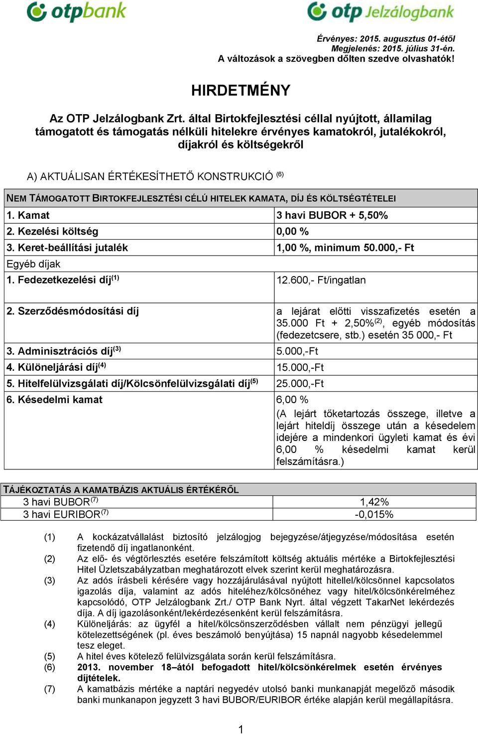 NEM TÁMOGATOTT BIRTOKFEJLESZTÉSI CÉLÚ HITELEK KAMATA, DÍJ ÉS KÖLTSÉGTÉTELEI 1. Kamat 3 havi BUBOR + 5,50% 2. Kezelési költség 0,00 % 3. Keret-beállítási jutalék 1,00 %, minimum 50.