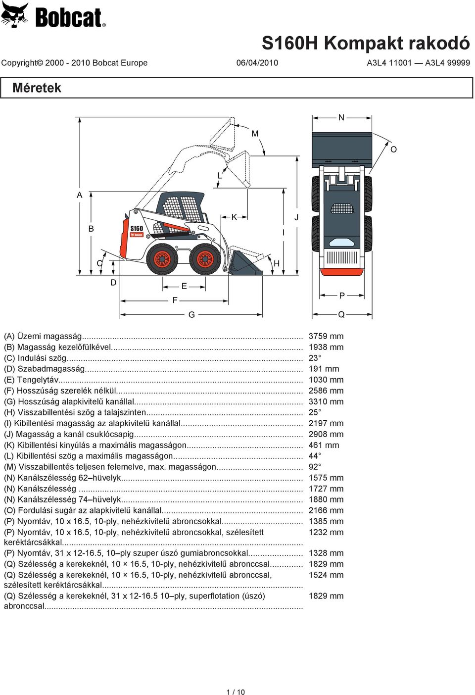 S160H Kompakt rakodó. Méretek. Copyright Bobcat Europe 06/04/2010 A3L A3L K  I - PDF Free Download