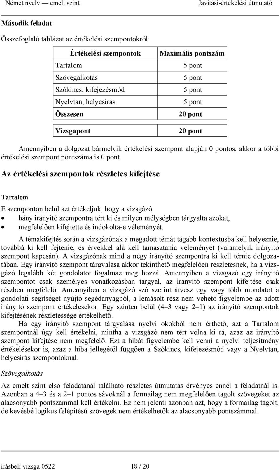 Az értékelési szempontok részletes kifejtése Tartalom E szemponton belül azt értékeljük, hogy a vizsgázó hány irányító szempontra tért ki és milyen mélységben tárgyalta azokat, megfelelően kifejtette