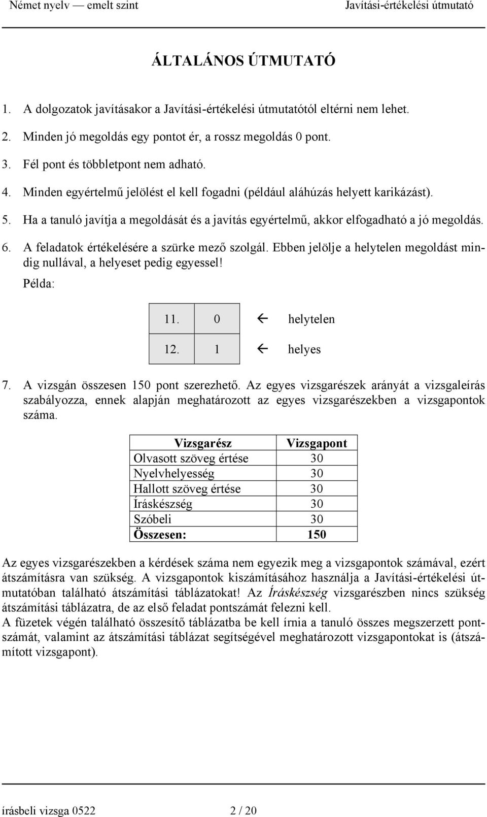 A feladatok értékelésére a szürke mező szolgál. Ebben jelölje a helytelen megoldást mindig nullával, a helyeset pedig egyessel! Példa: 11. 0 helytelen 12. 1 helyes 7.