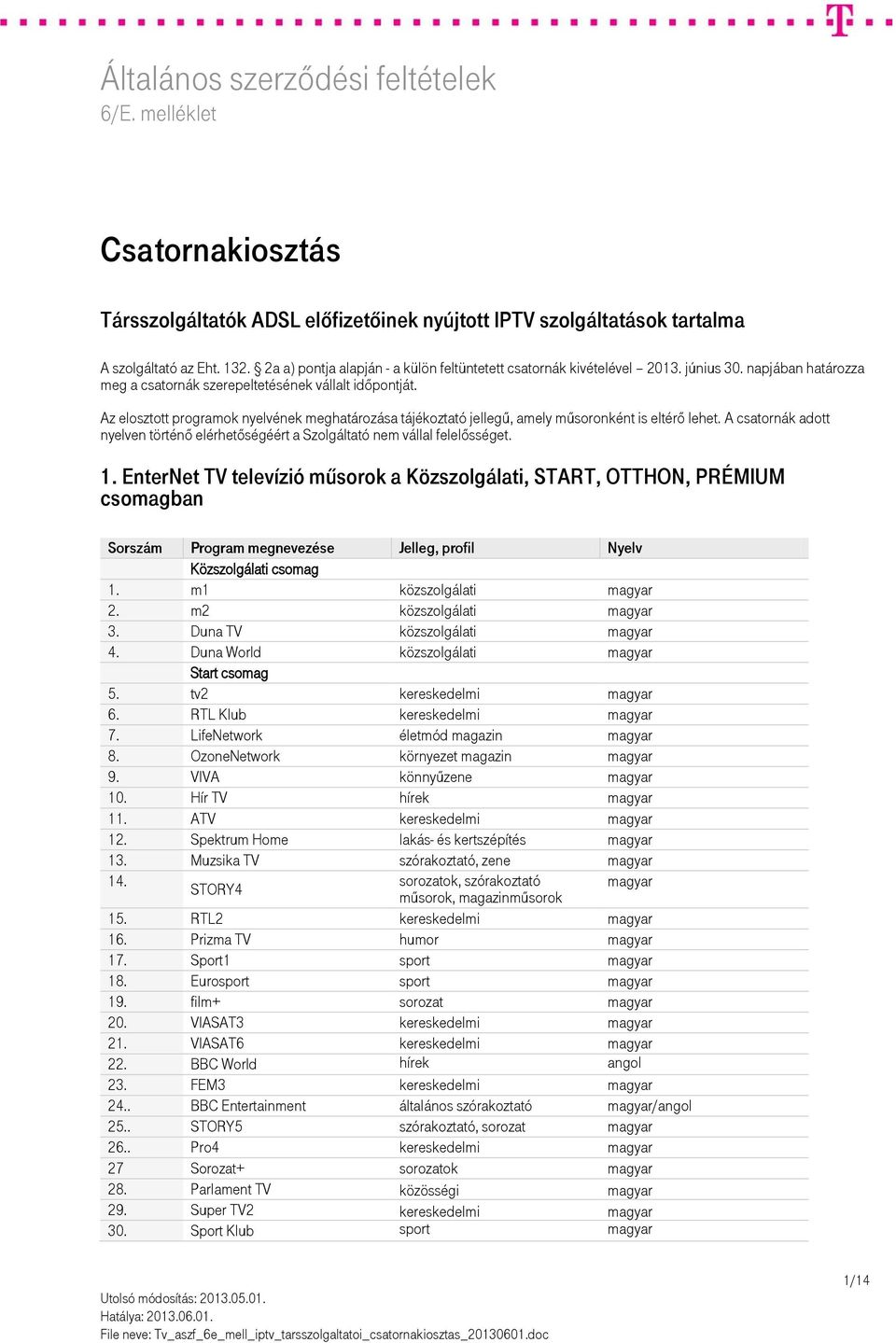 A csatornák adott nyelven történő elérhetőségéért a Szolgáltató nem vállal felelősséget. 1.