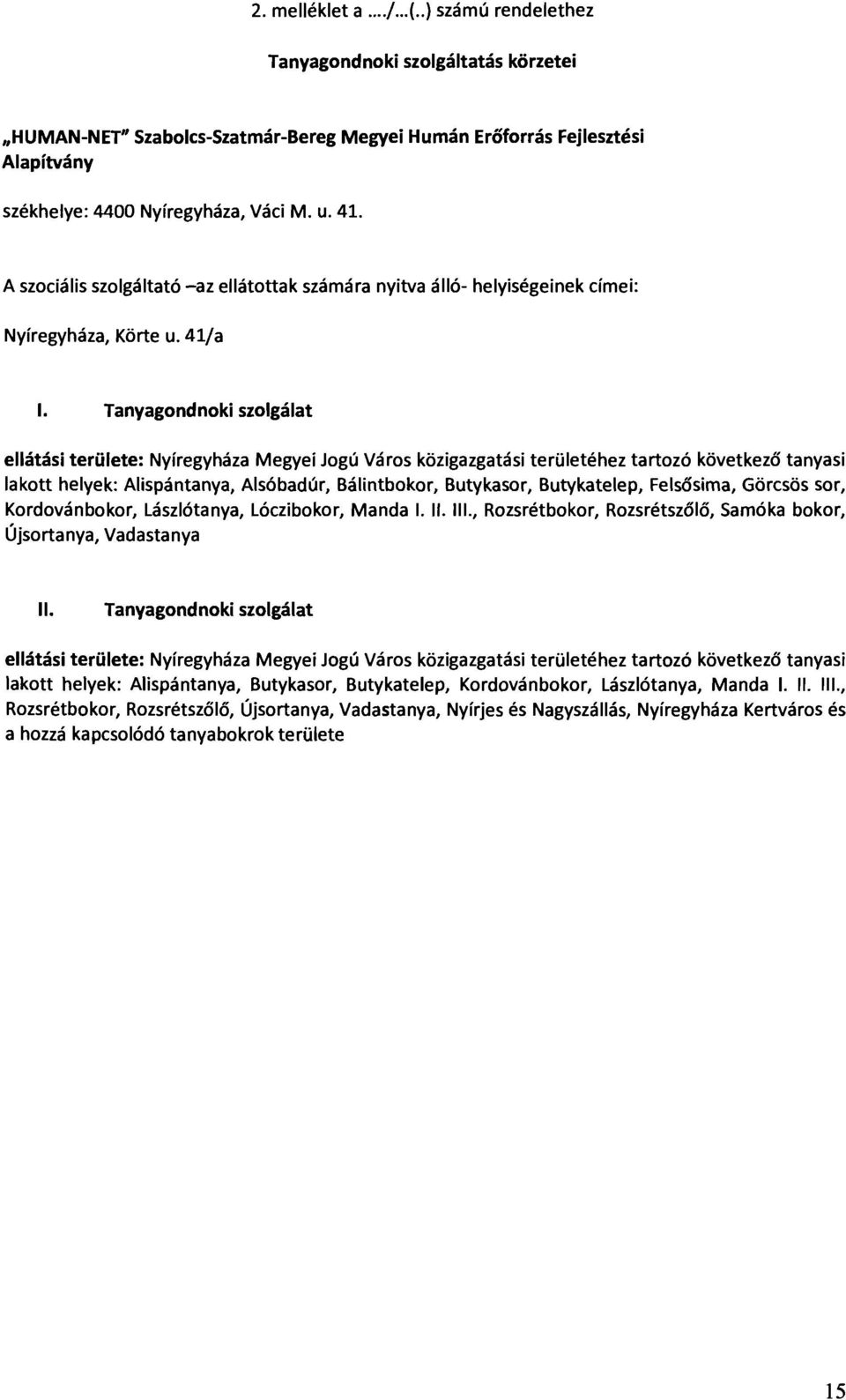 Tanyagondnoki szolgálat ellátási területe: Nyíregyháza Megyei Jogú Város közigazgatási területéhez tartozó következő tanyasi lakott helyek: Alispántanya, Alsóbadúr, Bálintbokor, Butykasor,