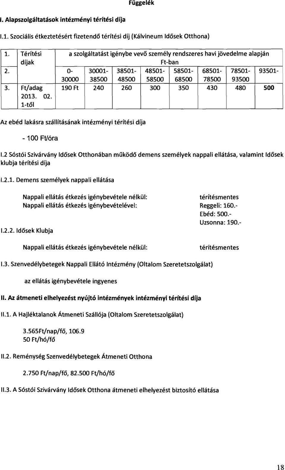 Ft/adag 190 Ft 240 260 300 350 430 480 500 2013. 02. l-től Az ebéd lakásra szállításának intézményi térítési díja - 100 Ftlóra 1.