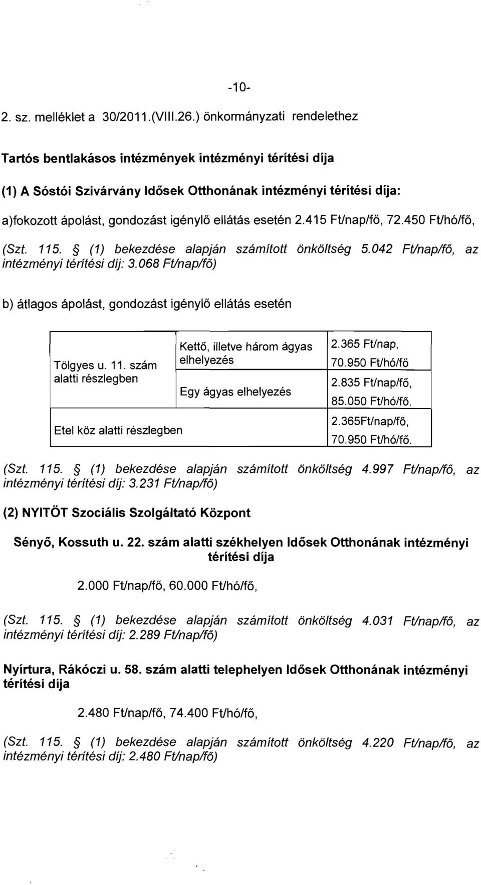 esetén 2.415 Ftlna p/fő, 72.450 Ftlhó/fő, (Szt. 115. (1) bekezdése alapján számított önköltség 5.042 Ff/nap/fő, az intézményi térítési díj: 3.