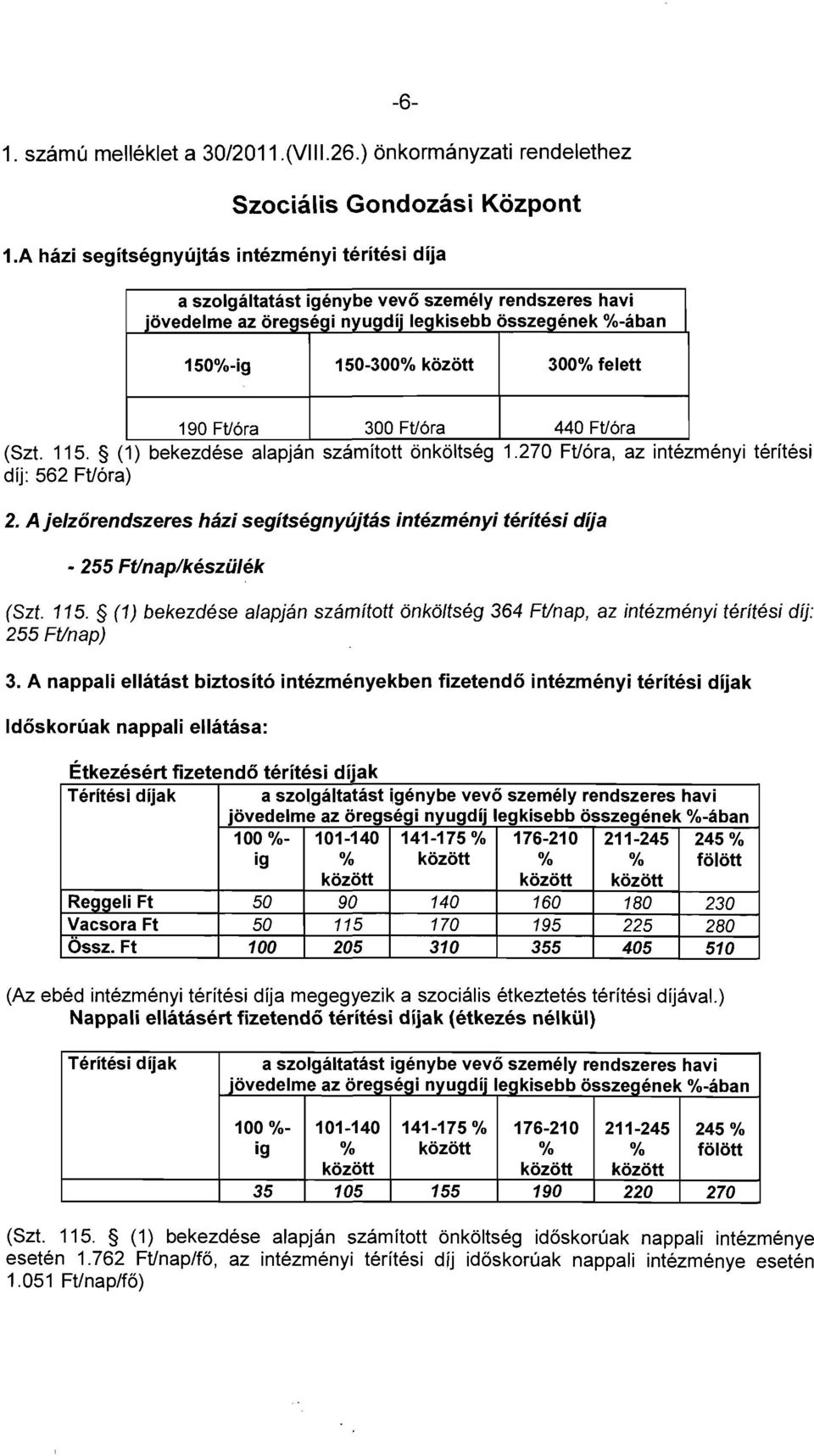 Ftlóra 300 Ftlóra 440 Ftlóra, (Szt. 115. (1) bekezdése alapján számított önköltség 1.270 FVora, az Intézményi térítési díj: 562 FVóra) 2.