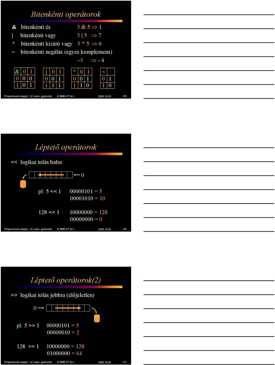. -25- Léptető operátorok << logka tolás balra pl: 5 << = 5 = 28 << = 28 = Programozás alapja I.