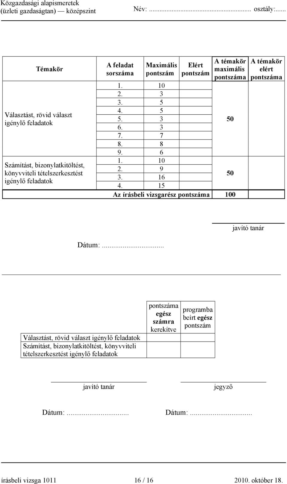 15 Az írásbeli vizsgarész pontszáma 100 A témakör elért pontszáma javító tanár Dátum:.