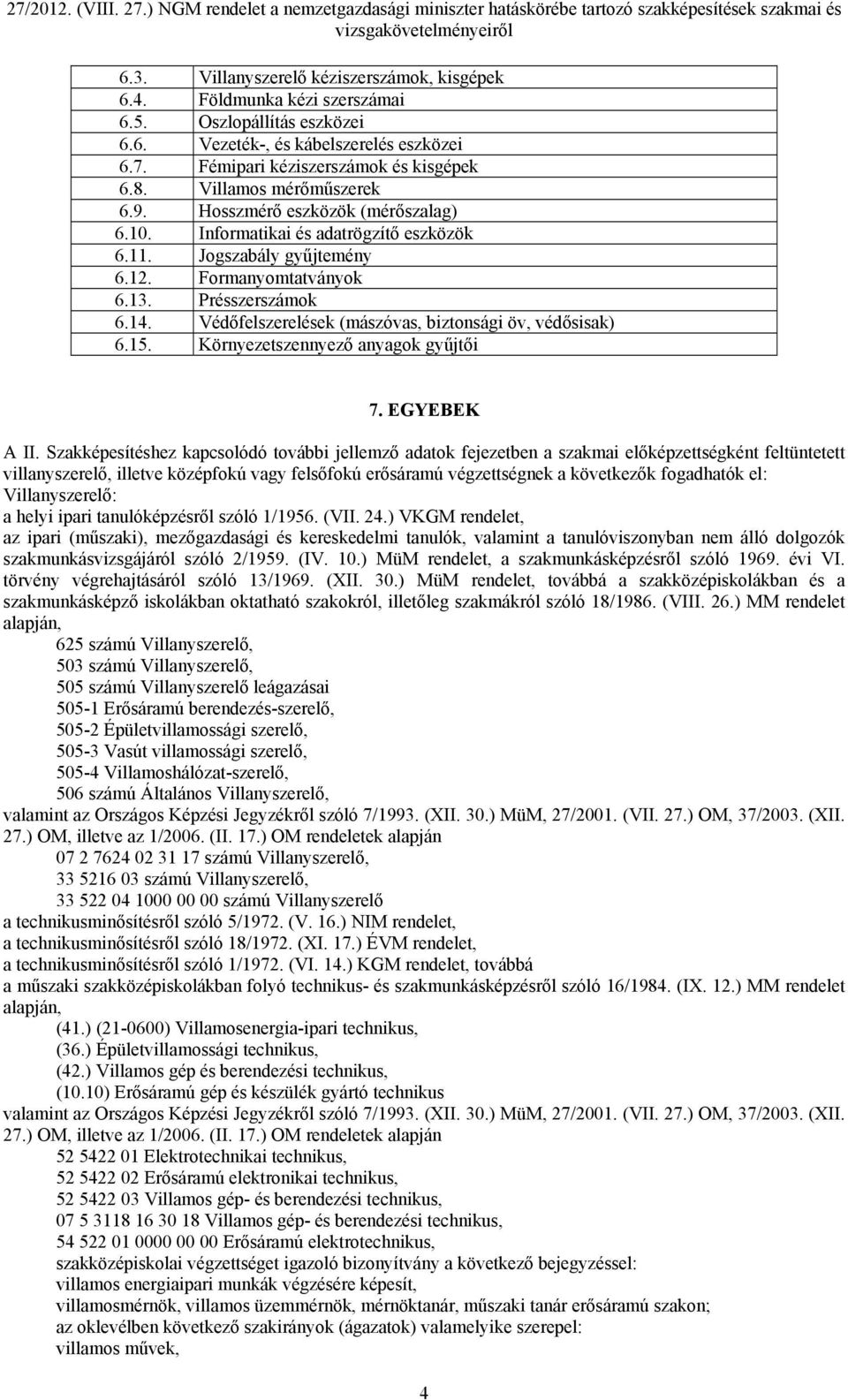 Védőfelszerelések (mászóvas, biztonsági öv, védősisak) 6.15. Környezetszennyező anyagok gyűjtői 7. EGYEBEK A II.