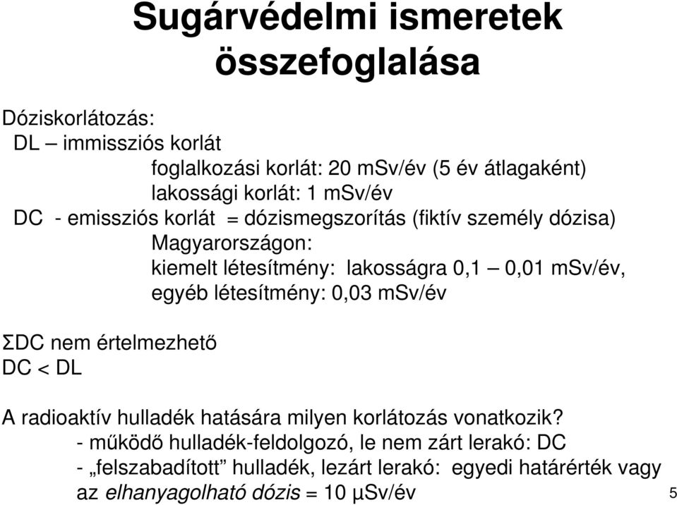 msv/év, egyéb létesítmény: 0,03 msv/év ΣDC nem értelmezhetı DC < DL A radioaktív hulladék hatására milyen korlátozás vonatkozik?