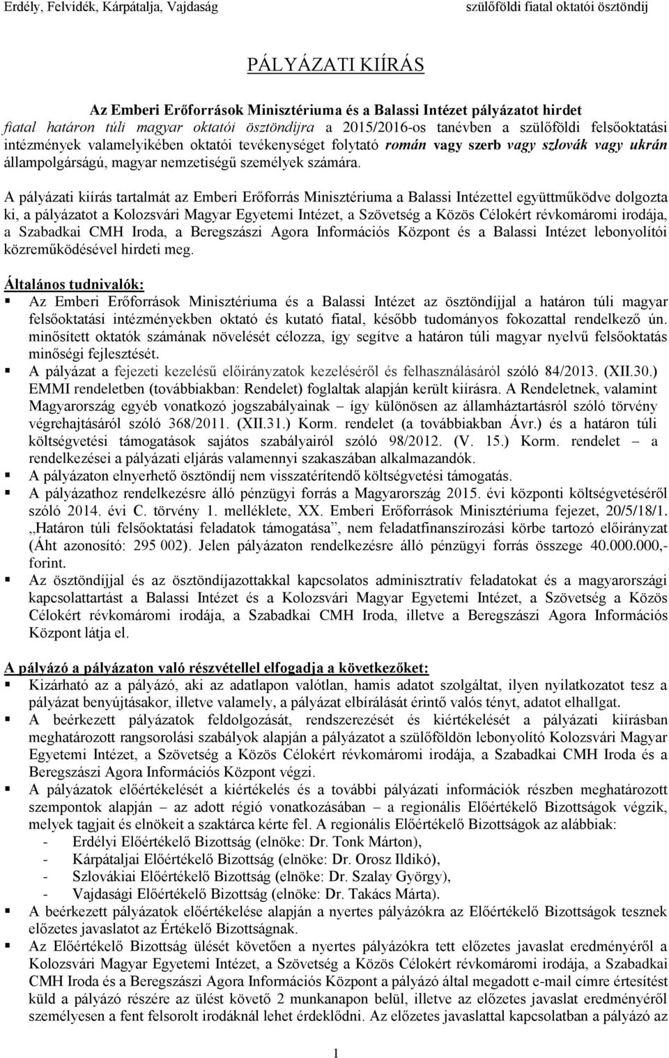 A pályázati kiírás tartalmát az Emberi Erőforrás Minisztériuma a Balassi Intézettel együttműködve dolgozta ki, a pályázatot a Kolozsvári Magyar Egyetemi Intézet, a Szövetség a Közös Célokért