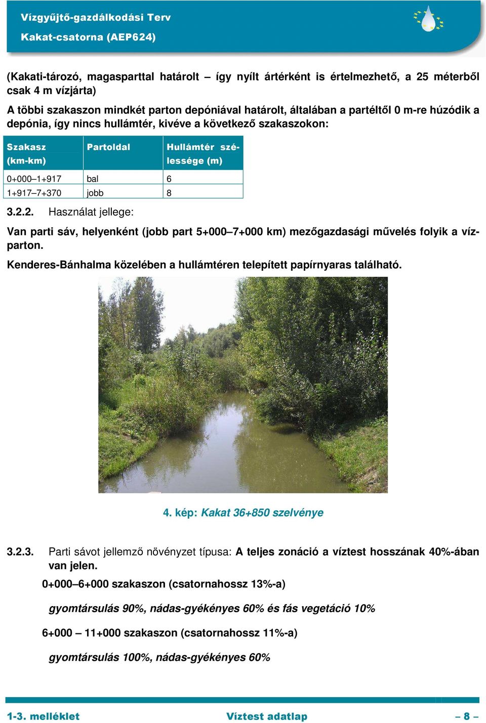 2. Használat jellege: Van parti sáv, helyenként (jobb part 5+000 7+000 km) mezőgazdasági művelés folyik a vízparton. Kenderes-Bánhalma közelében a hullámtéren telepített papírnyaras található. 4.