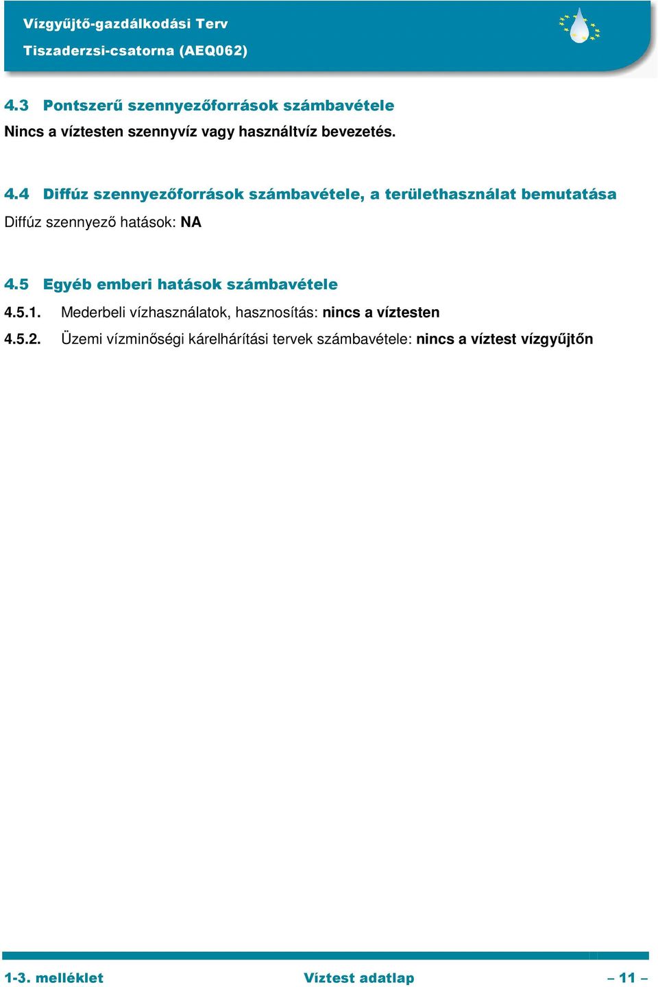 5 Egyéb emberi hatások számbavétele 4.5.1. Mederbeli vízhasználatok, hasznosítás: nincs a víztesten 4.5.2.