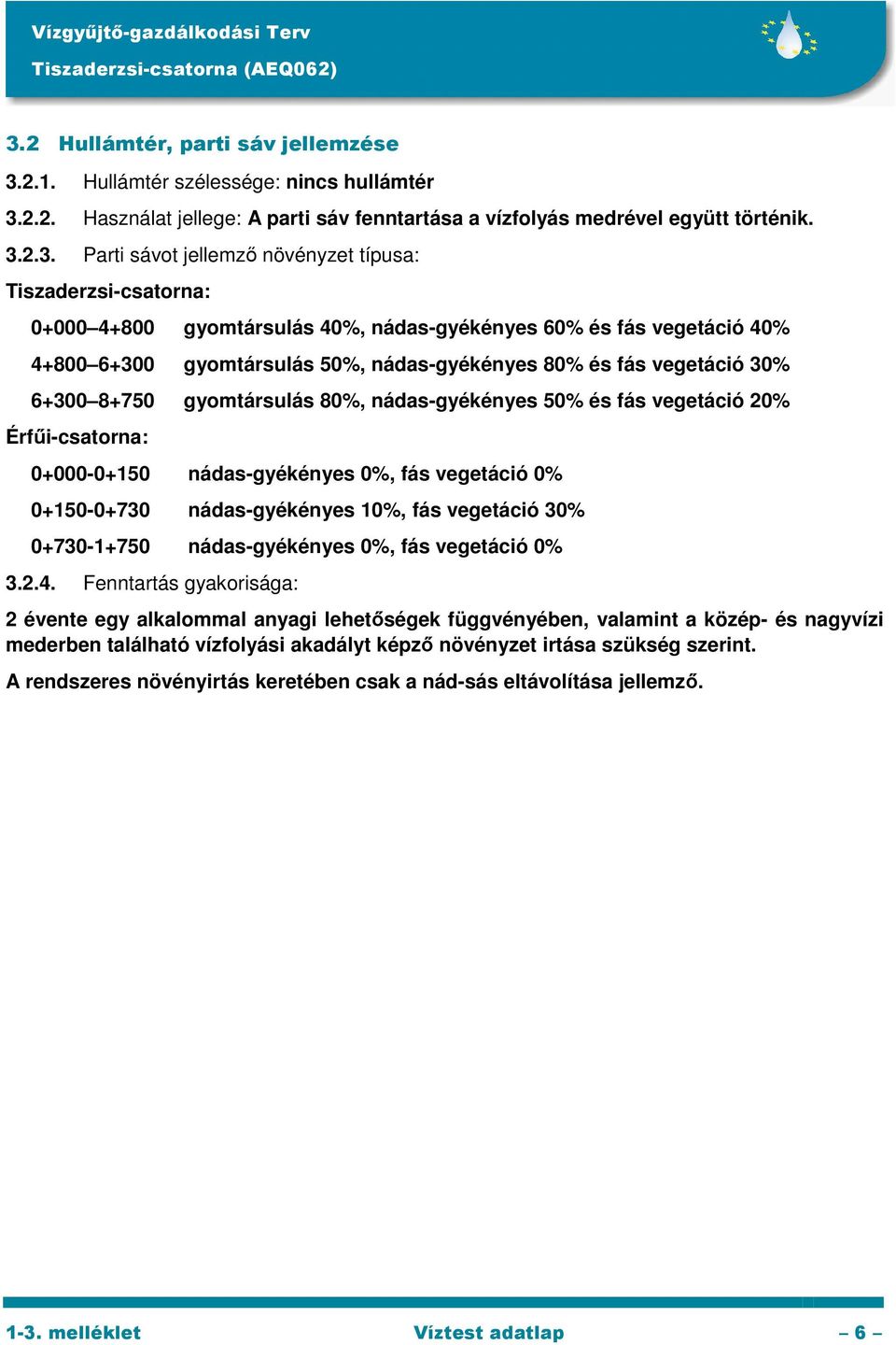 gyomtársulás 80%, nádas-gyékényes 50% és fás vegetáció 20% Érfűi-csatorna: 0+000-0+150 nádas-gyékényes 0%, fás vegetáció 0% 0+150-0+730 nádas-gyékényes 10%, fás vegetáció 30% 0+730-1+750