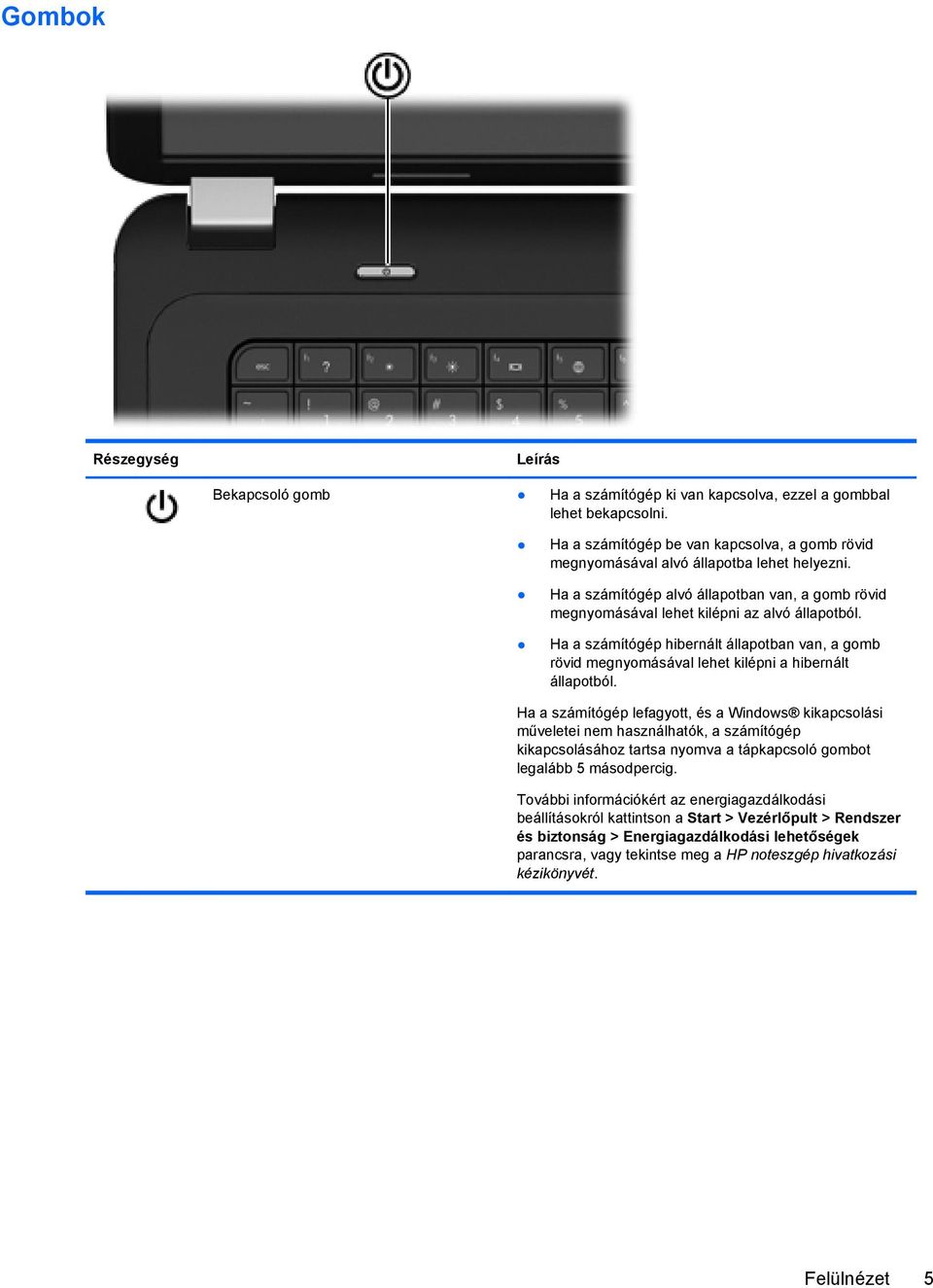 Ha a számítógép hibernált állapotban van, a gomb rövid megnyomásával lehet kilépni a hibernált állapotból.