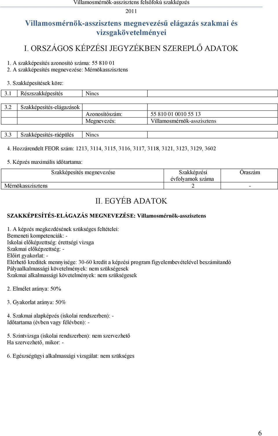 2 Szakképesítés-elágazások Azonosítószám: 55 810 01 0010 55 13 Megnevezés: Villamosmérnök-asszisztens 3.3 Szakképesítés-ráépülés Nincs 4.
