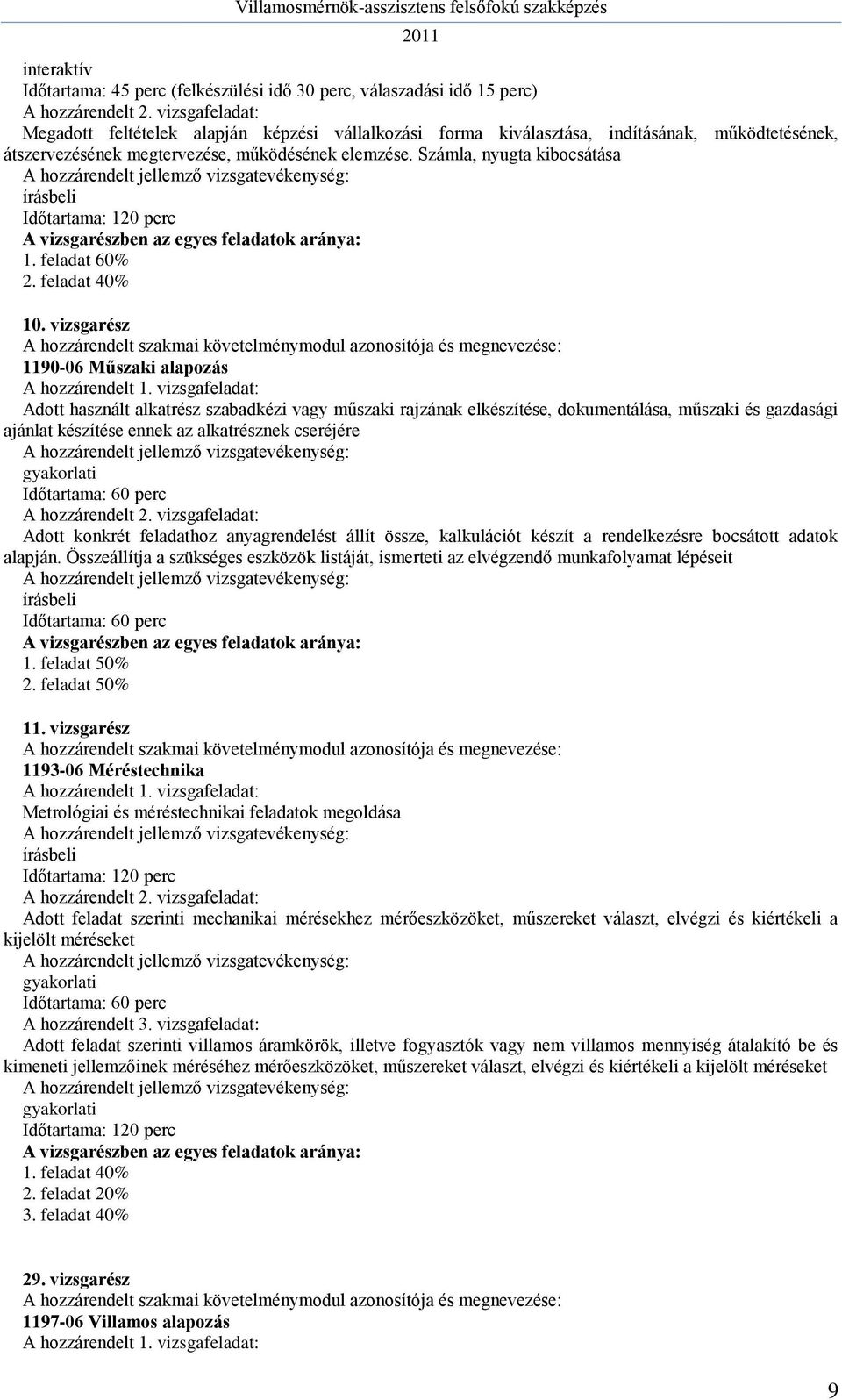 Számla, nyugta kibocsátása A hozzárendelt jellemző vizsgatevékenység: írásbeli Időtartama: 120 perc A vizsgarészben az egyes feladatok aránya: 1. feladat 60% 2. feladat 40% 10.