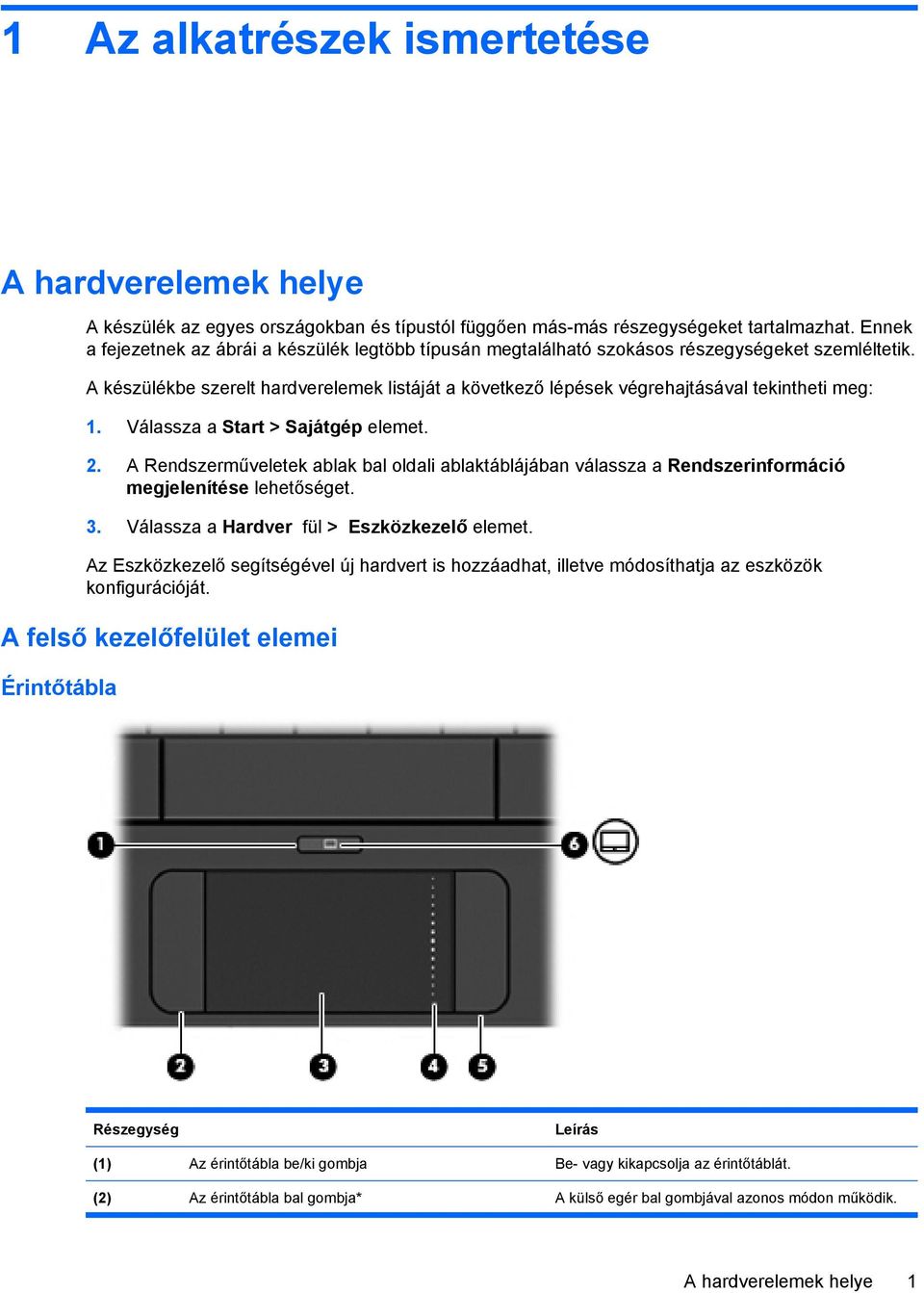 A készülékbe szerelt hardverelemek listáját a következő lépések végrehajtásával tekintheti meg: 1. Válassza a Start > Sajátgép elemet. 2.